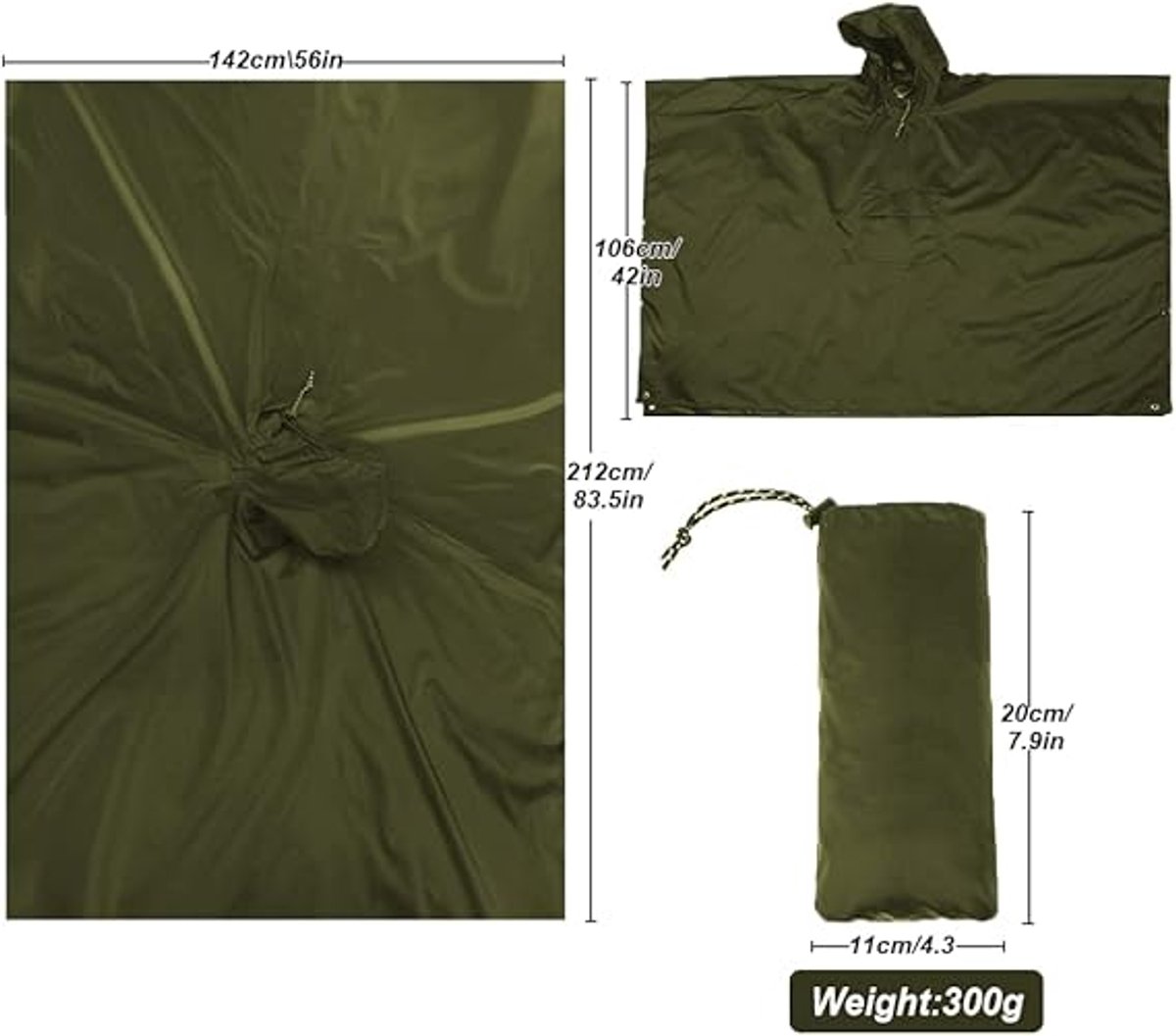 Poncho - Raincoat - 210*140cm - multifunctional waterproof rain poncho - Waterproof Rain Poncho - Cycling Poncho - reusable - raincoat with hood - rain poncho with chest pocket - with storage bag - for travel, hiking, camping, fishing - green - Image 2