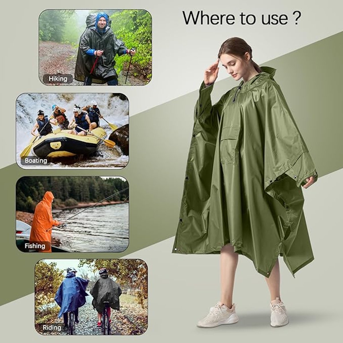 Poncho - Raincoat - 210*140cm - multifunctional waterproof rain poncho - Waterproof Rain Poncho - Cycling Poncho - reusable - raincoat with hood - rain poncho with chest pocket - with storage bag - for travel, hiking, camping, fishing - green - Image 3
