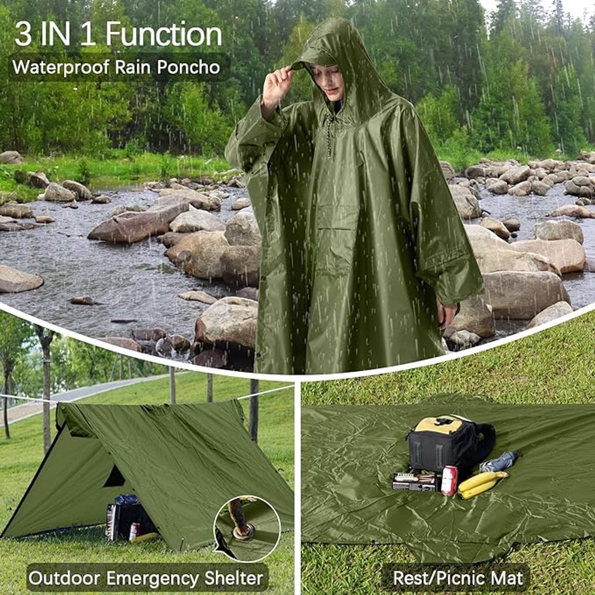 Poncho - Raincoat - 210*140cm - multifunctional waterproof rain poncho - Waterproof Rain Poncho - Cycling Poncho - reusable - raincoat with hood - rain poncho with chest pocket - with storage bag - for travel, hiking, camping, fishing - green - Image 4