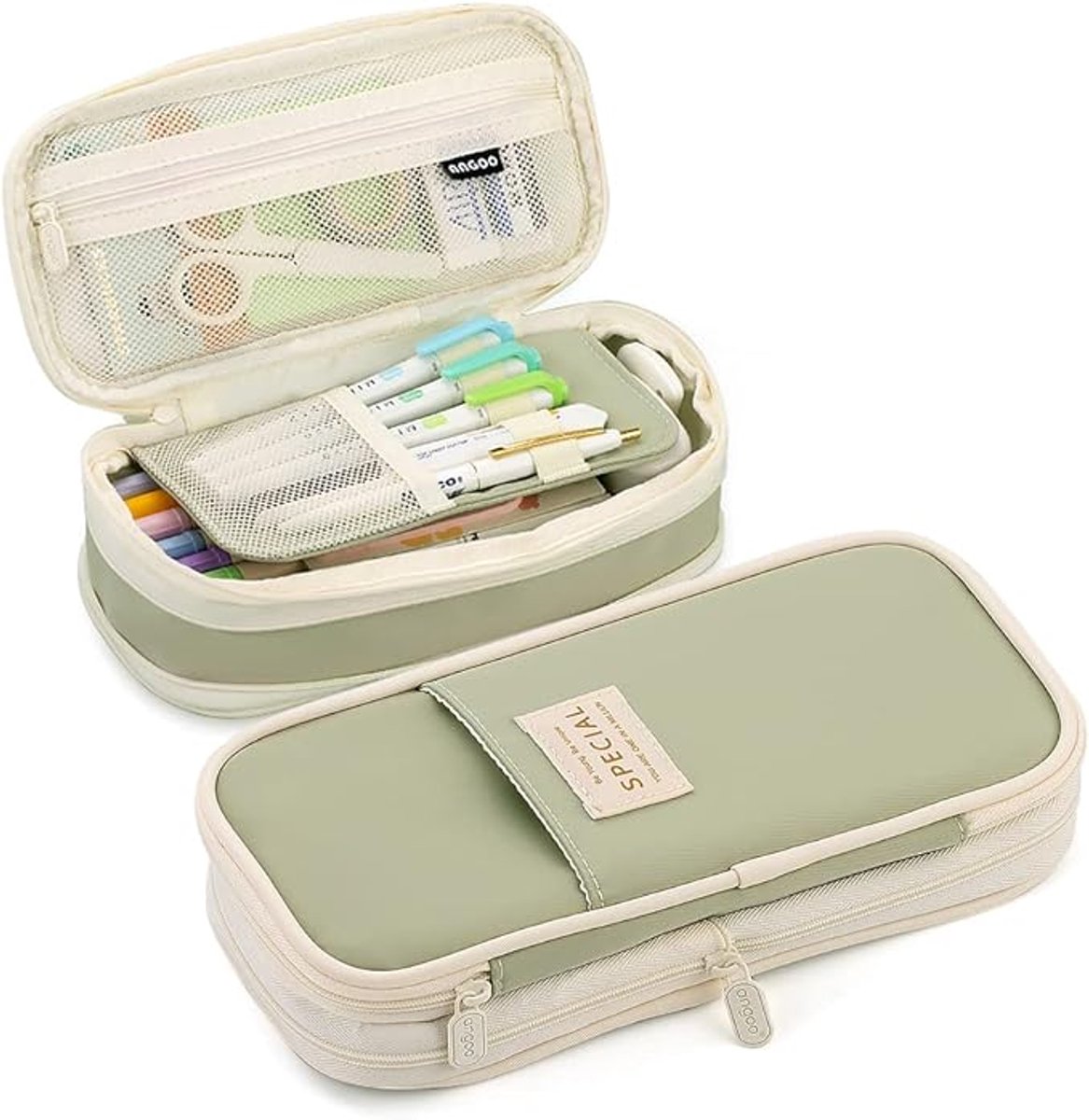 Pencil Case - Expandable Portable Pencil Case - Pencil Case - Large Capacity - With Compartments - Aesthetic Canvas - Can be used for office, school, pencils, stationery, cosmetics - for students - boys/girls - washable - Green - Image 1