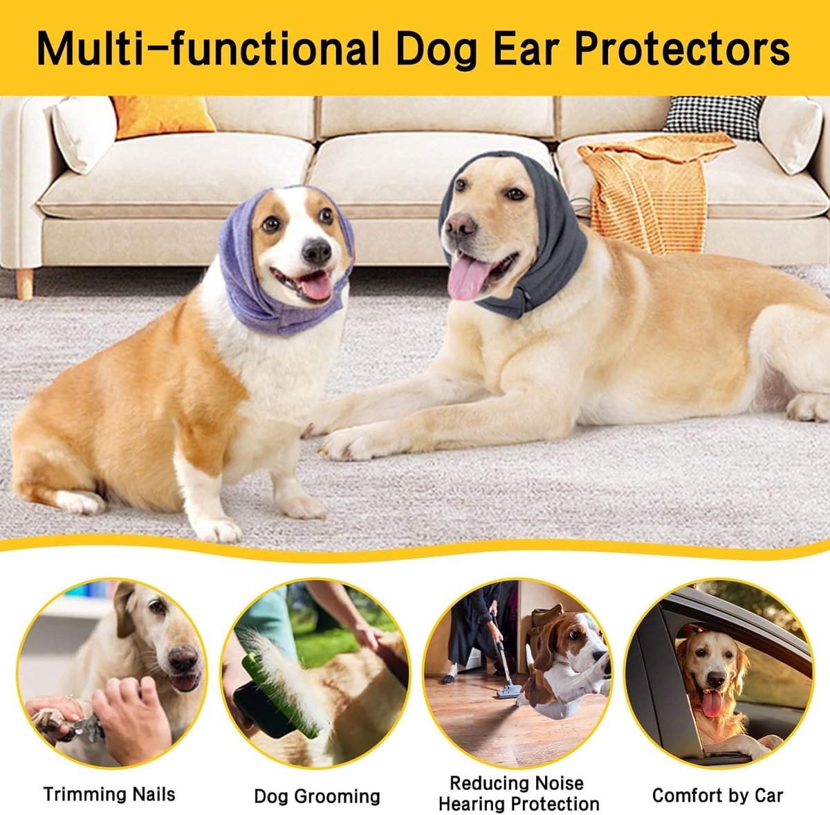 Dog Collar - Ear Muffs for Dogs - Dog Hat - Head Circumference 49-54 cm - Relief from Snoring Anxiety - with Adjustable Velcro Fastening - Noise-Dampening Headwear - 23*16*3 cm - Grey - Image 5