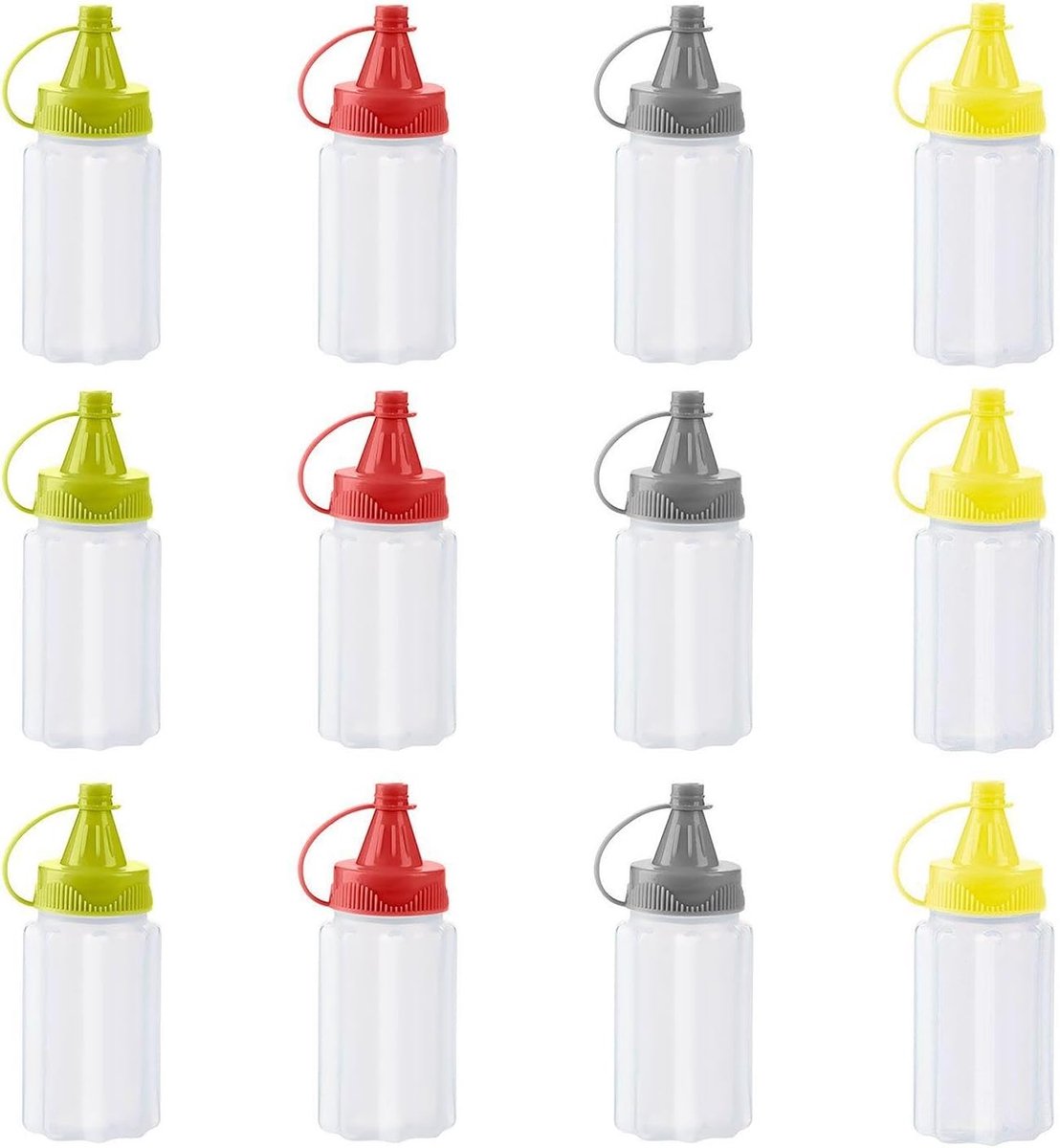 12 pieces - 3.2*3.2*8 cm - sauce bottles - portable sauce bottles - mini sauce bottles - squeeze bottle - ketchup bottle - salad dressing bottle - leak-proof plastic sauce bottles - squeezable sauce containers - kitchen supplies - grey, red, yellow, green - Image 1