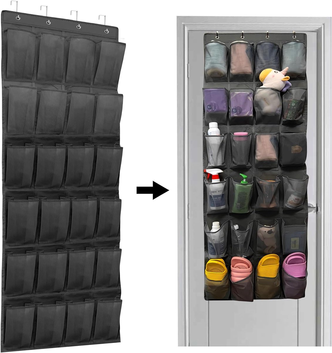 150*56 cm - Over-the-door shoe organizer - Wall compartment - 24 large - breathable mesh pockets - shoe rack - hanging storage - various storage space - breathable over-the-door closet storage, sneakers - black - Image 1