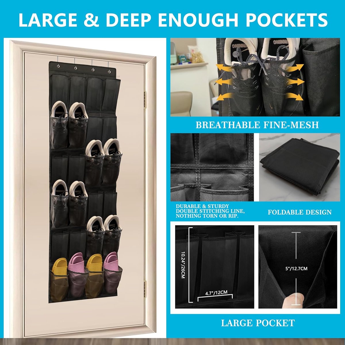 150*56 cm - Over-the-door shoe organizer - Wall compartment - 24 large - breathable mesh pockets - shoe rack - hanging storage - various storage space - breathable over-the-door closet storage, sneakers - black - Image 3