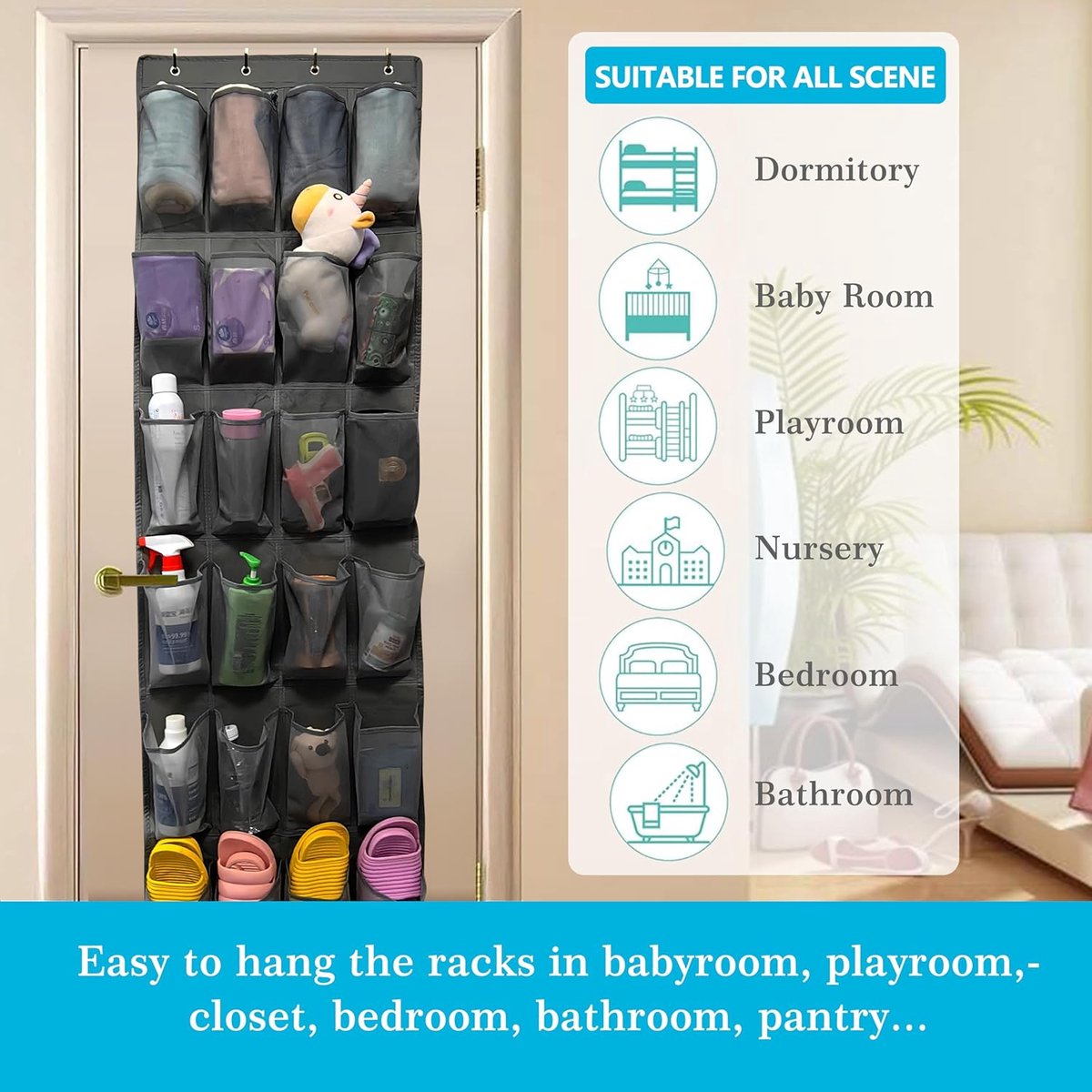 150*56 cm - Over-the-door shoe organizer - Wall compartment - 24 large - breathable mesh pockets - shoe rack - hanging storage - various storage space - breathable over-the-door closet storage, sneakers - black - Image 4