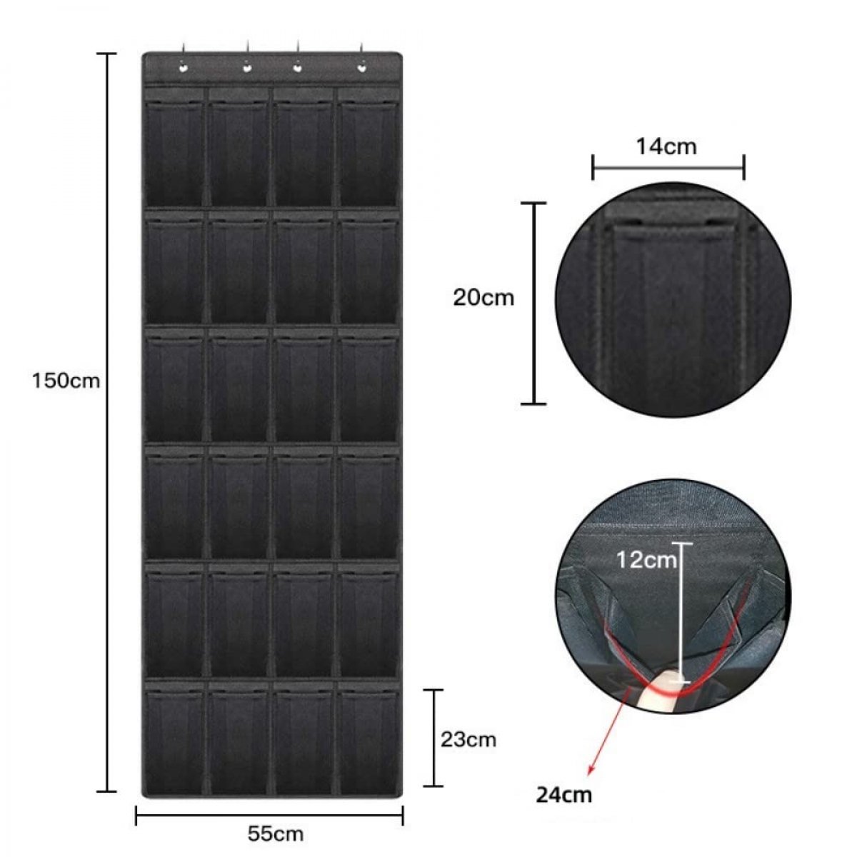 150*56 cm - Over-the-door shoe organizer - Wall compartment - 24 large - breathable mesh pockets - shoe rack - hanging storage - various storage space - breathable over-the-door closet storage, sneakers - black - Image 5