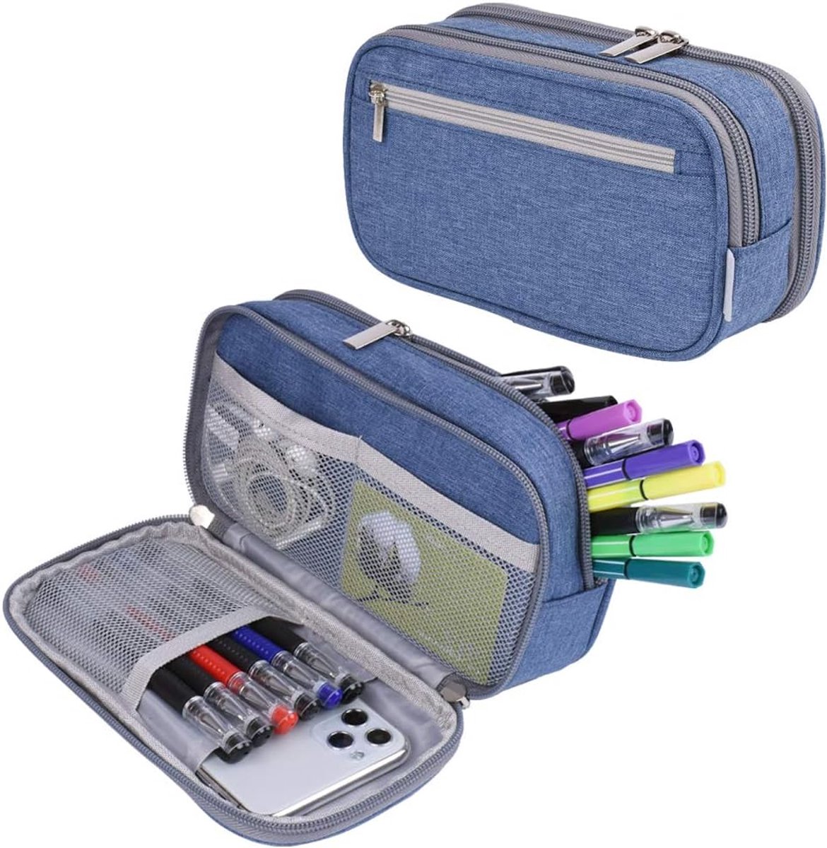 Large Pencil Case - Pencil Bag for Children and Adults - Large Case - Pencil Case - Storage Box - Desk Organizer - School Pencil Case - Multifunctional Pen Bag - Pencil Case - Pen Pocket - High Volume - for Boys and Girls - Blue - Image 1