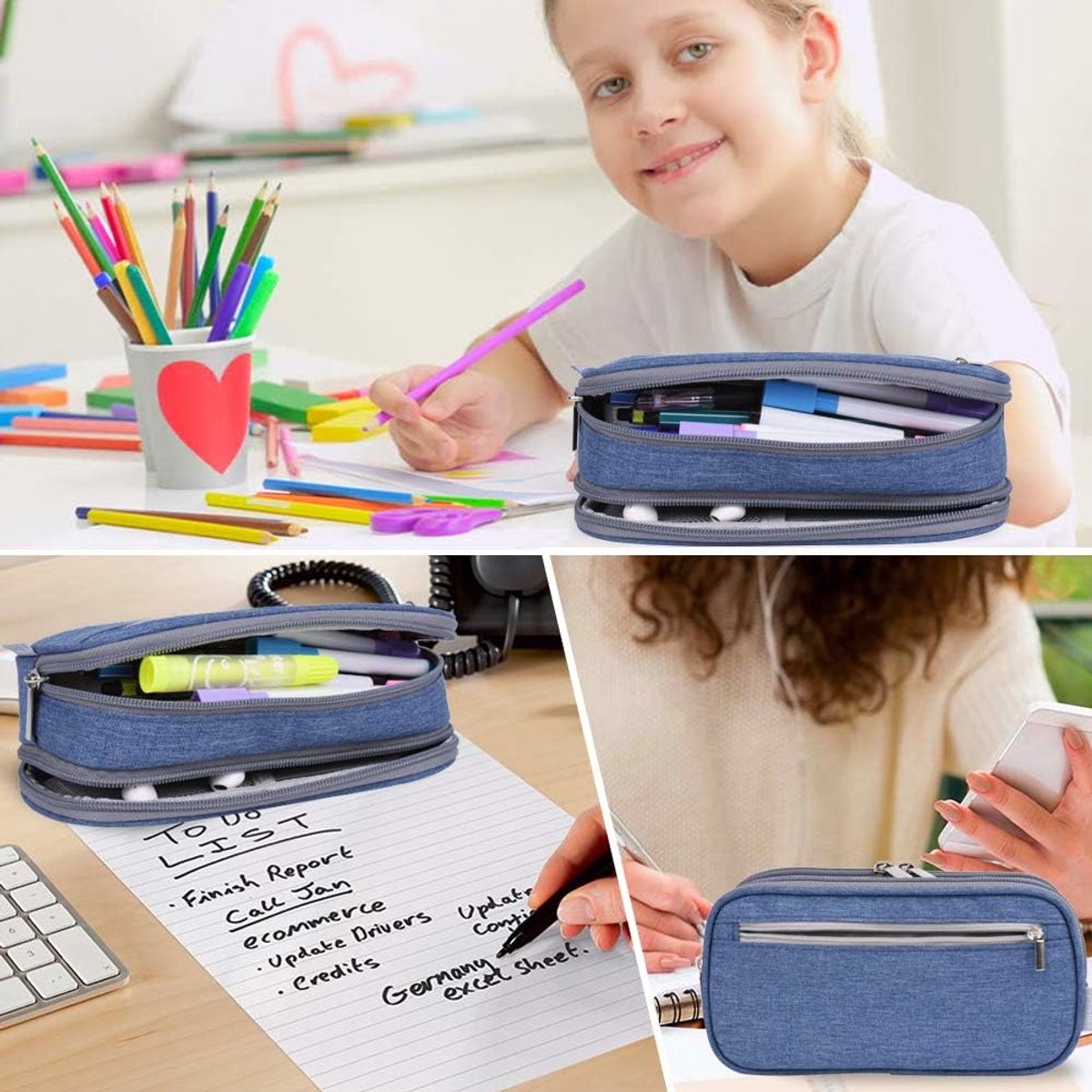 Large Pencil Case - Pencil Bag for Children and Adults - Large Case - Pencil Case - Storage Box - Desk Organizer - School Pencil Case - Multifunctional Pen Bag - Pencil Case - Pen Pocket - High Volume - for Boys and Girls - Blue - Image 3
