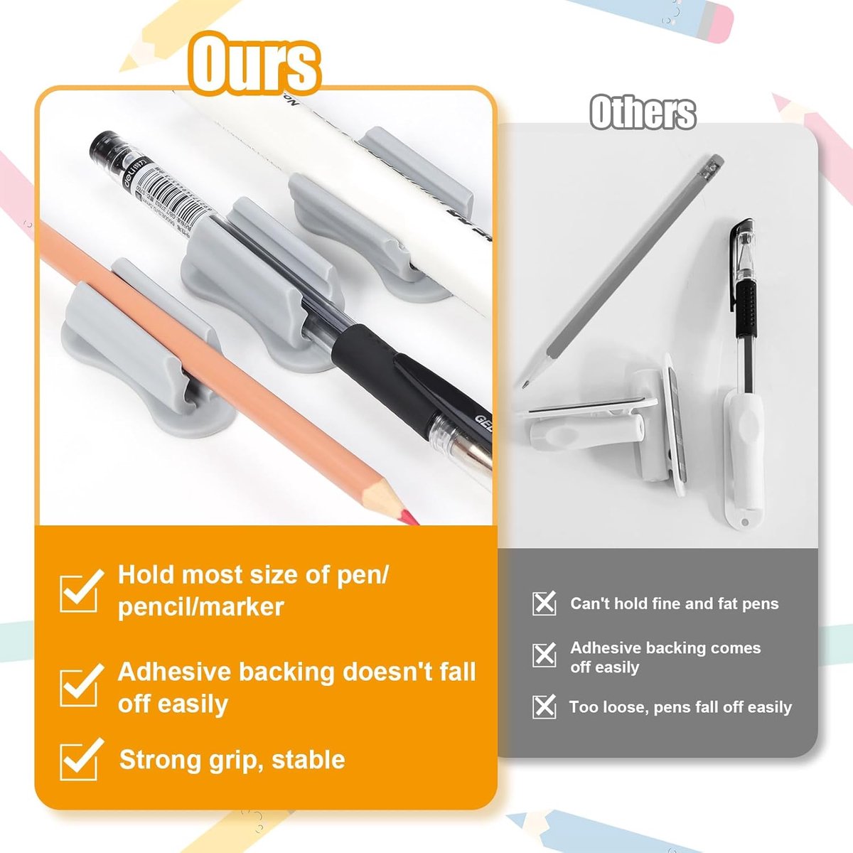 20 pieces - pen holder - pen holder for desk - self-adhesive silicone pen holder - for clipboard mounting in classroom - highlighter holder - pencil holder - for desk, classroom, office accessories - grey - 2*4.7 cm - Image 3