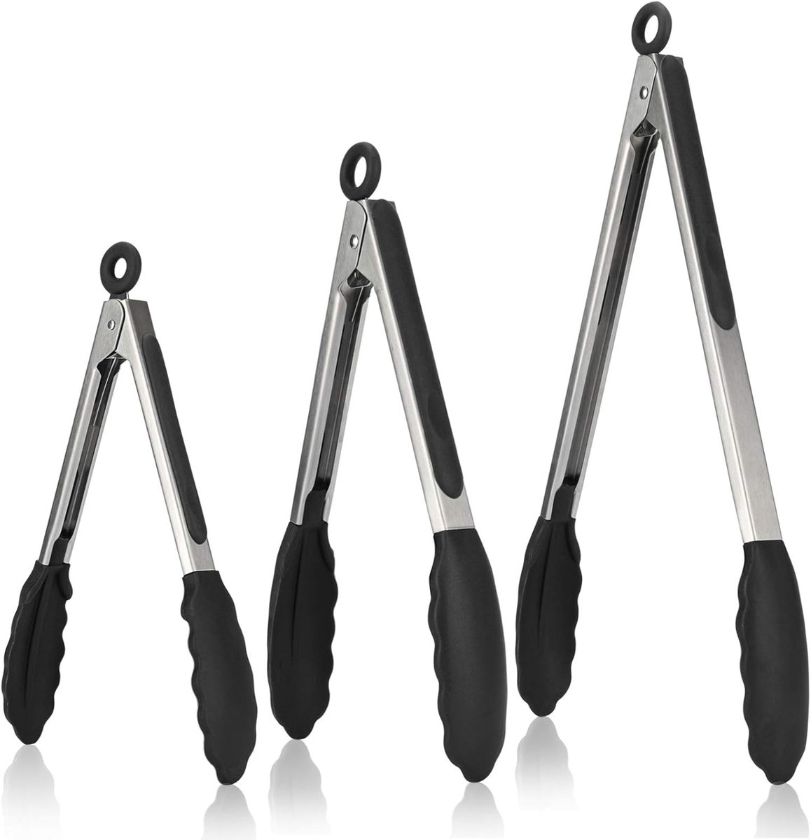 3-piece kitchen tongs set - 7/9/12 inch - Grill tongs - Grill accessories - With hanging loop - Cooking tongs - Heat resistant - Silicone non-stick coating - Stainless steel handles - Ideal for grilling food, salads, frying, and serving - Black - Image 1