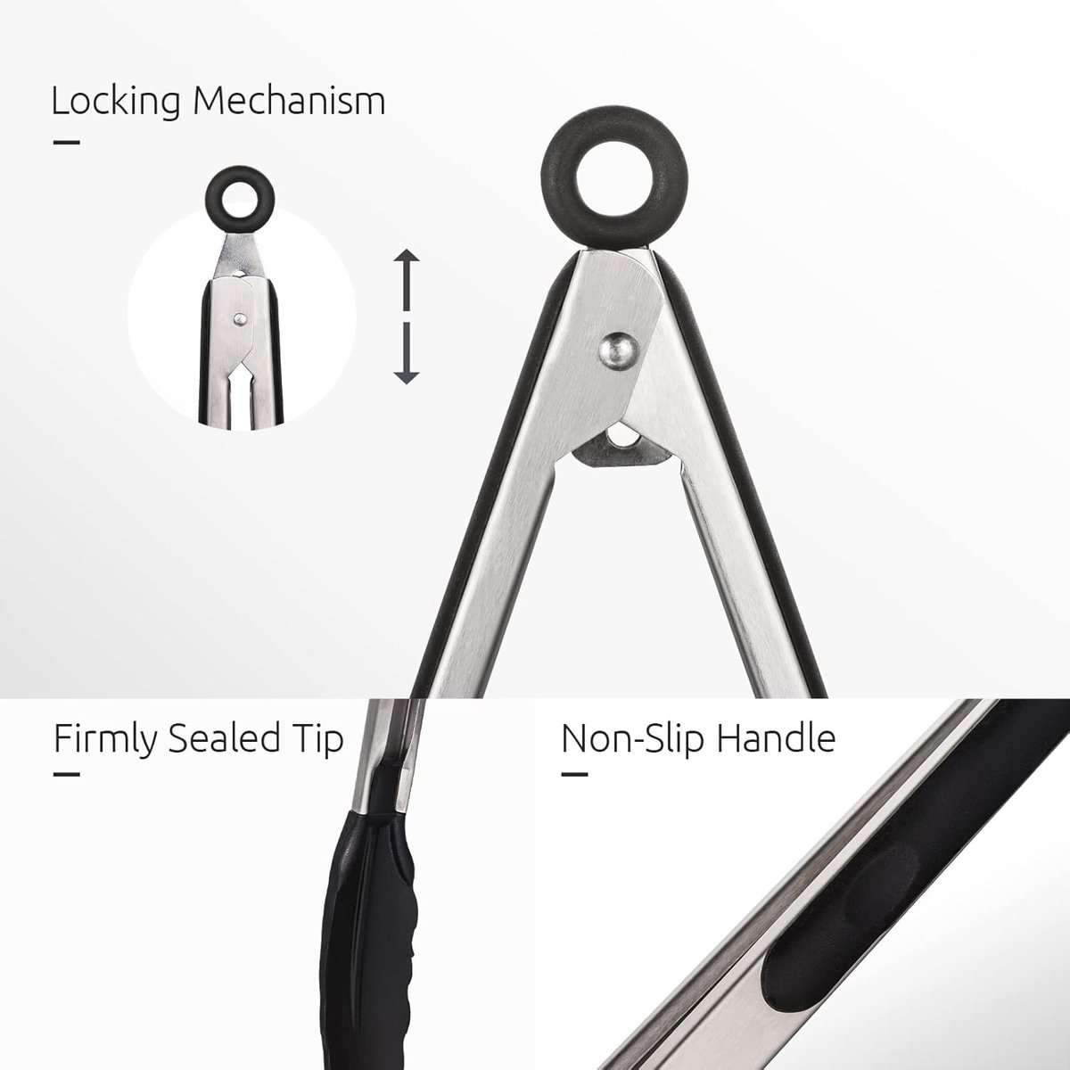 3-piece kitchen tongs set - 7/9/12 inch - Grill tongs - Grill accessories - With hanging loop - Cooking tongs - Heat resistant - Silicone non-stick coating - Stainless steel handles - Ideal for grilling food, salads, frying, and serving - Black - Image 2