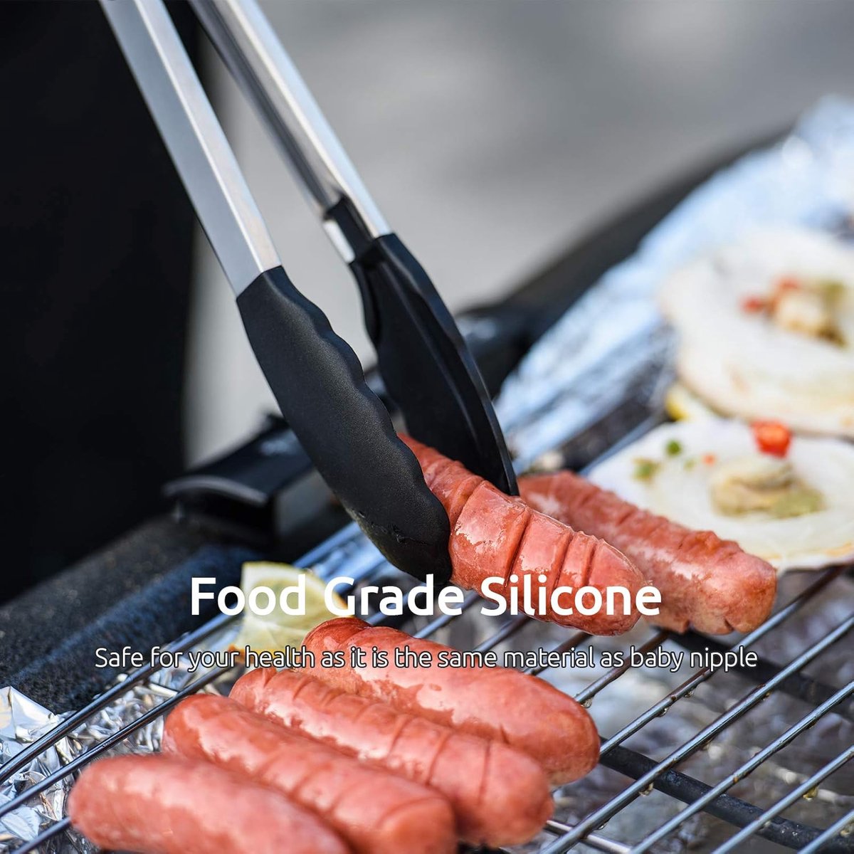 3-piece kitchen tongs set - 7/9/12 inch - Grill tongs - Grill accessories - With hanging loop - Cooking tongs - Heat resistant - Silicone non-stick coating - Stainless steel handles - Ideal for grilling food, salads, frying, and serving - Black - Image 3