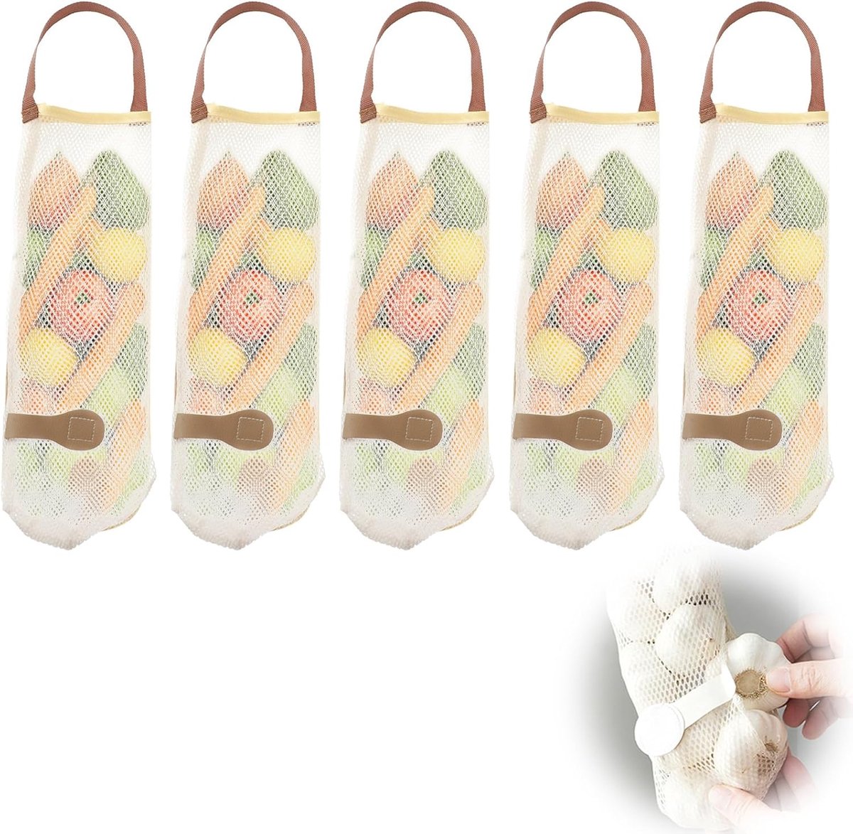 5 pieces - Vegetable bag - Fruit bag - 48*11 cm - Storage bag - hanging mesh bag - reusable large bag for cooking seafood - washable bags - for vegetables and fruit for the kitchen, fridge, potato, onion, garlic, vegetables and fruit - beige - Image 1