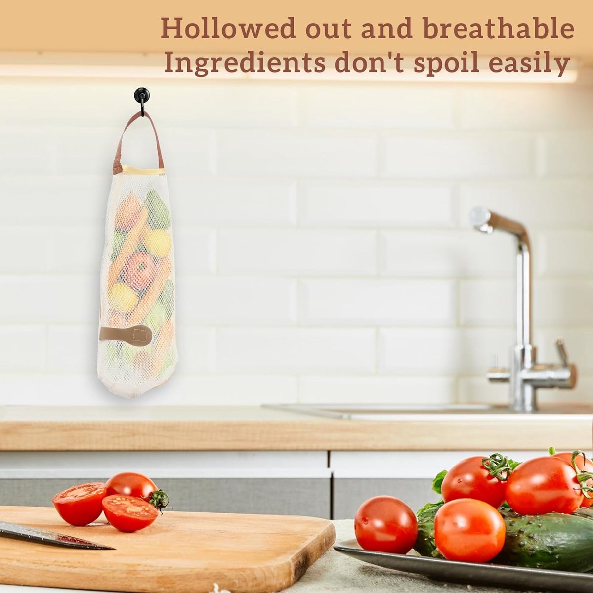 5 pieces - Vegetable bag - Fruit bag - 48*11 cm - Storage bag - hanging mesh bag - reusable large bag for cooking seafood - washable bags - for vegetables and fruit for the kitchen, fridge, potato, onion, garlic, vegetables and fruit - beige - Image 2