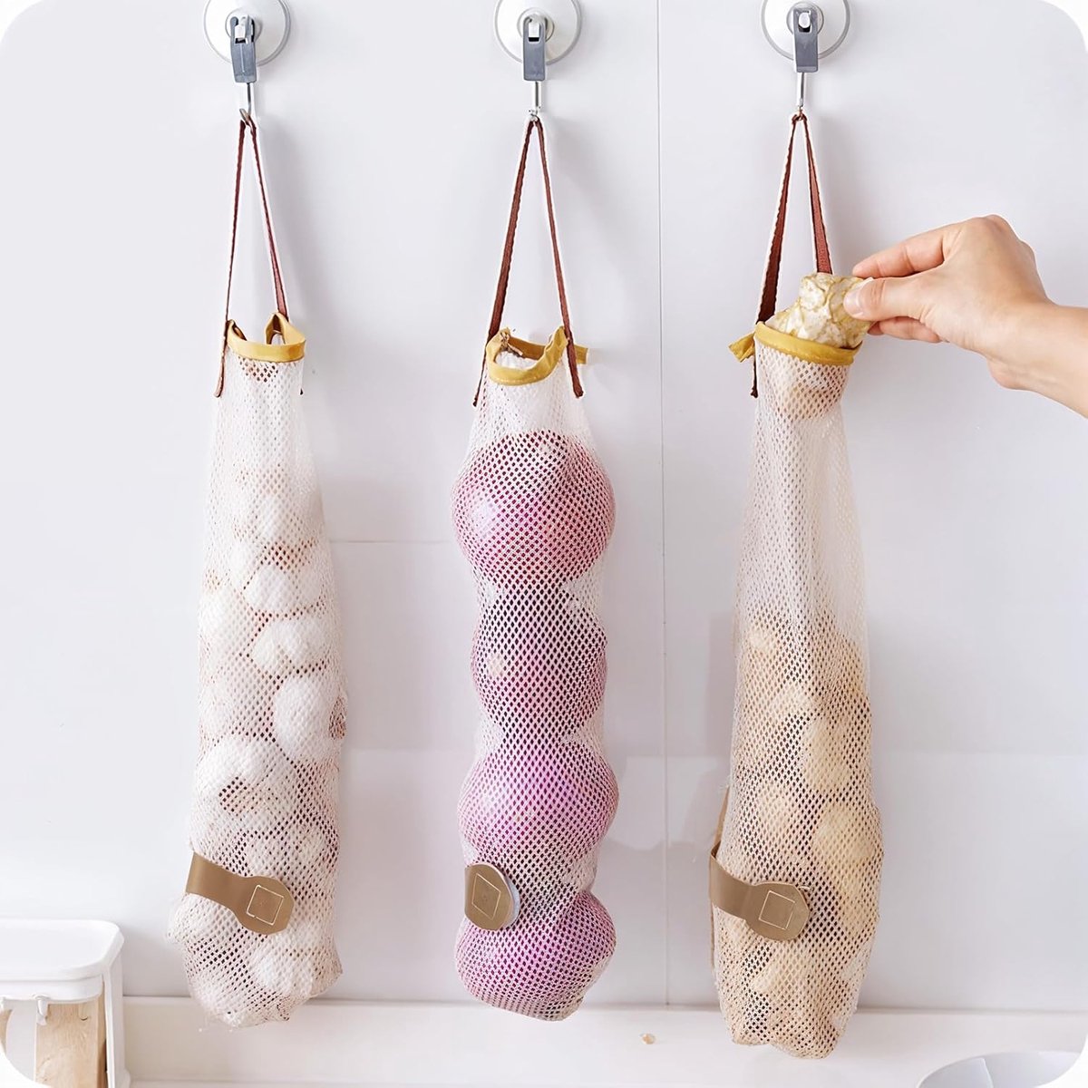 5 pieces - Vegetable bag - Fruit bag - 48*11 cm - Storage bag - hanging mesh bag - reusable large bag for cooking seafood - washable bags - for vegetables and fruit for the kitchen, fridge, potato, onion, garlic, vegetables and fruit - beige - Image 4