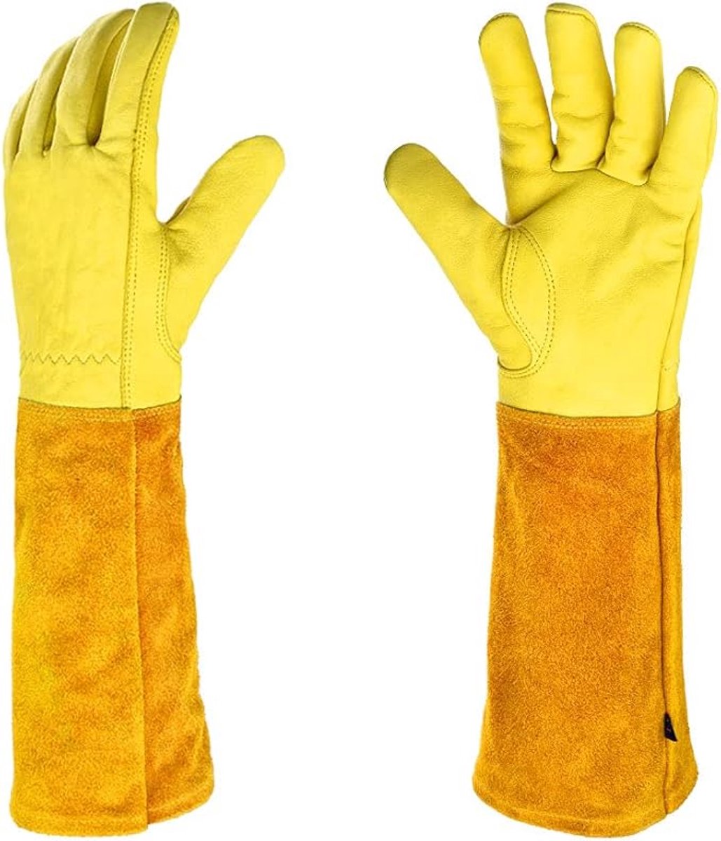Gardening Gloves - 1 pair - Women/Men - Thorn-Resistant Cowhide Leather rose/blackberry pruning - thorn- and cut-resistant gardening gloves with long leather - Long Forearm Protection - Glove - heavy duty glove - Yellow - Image 1