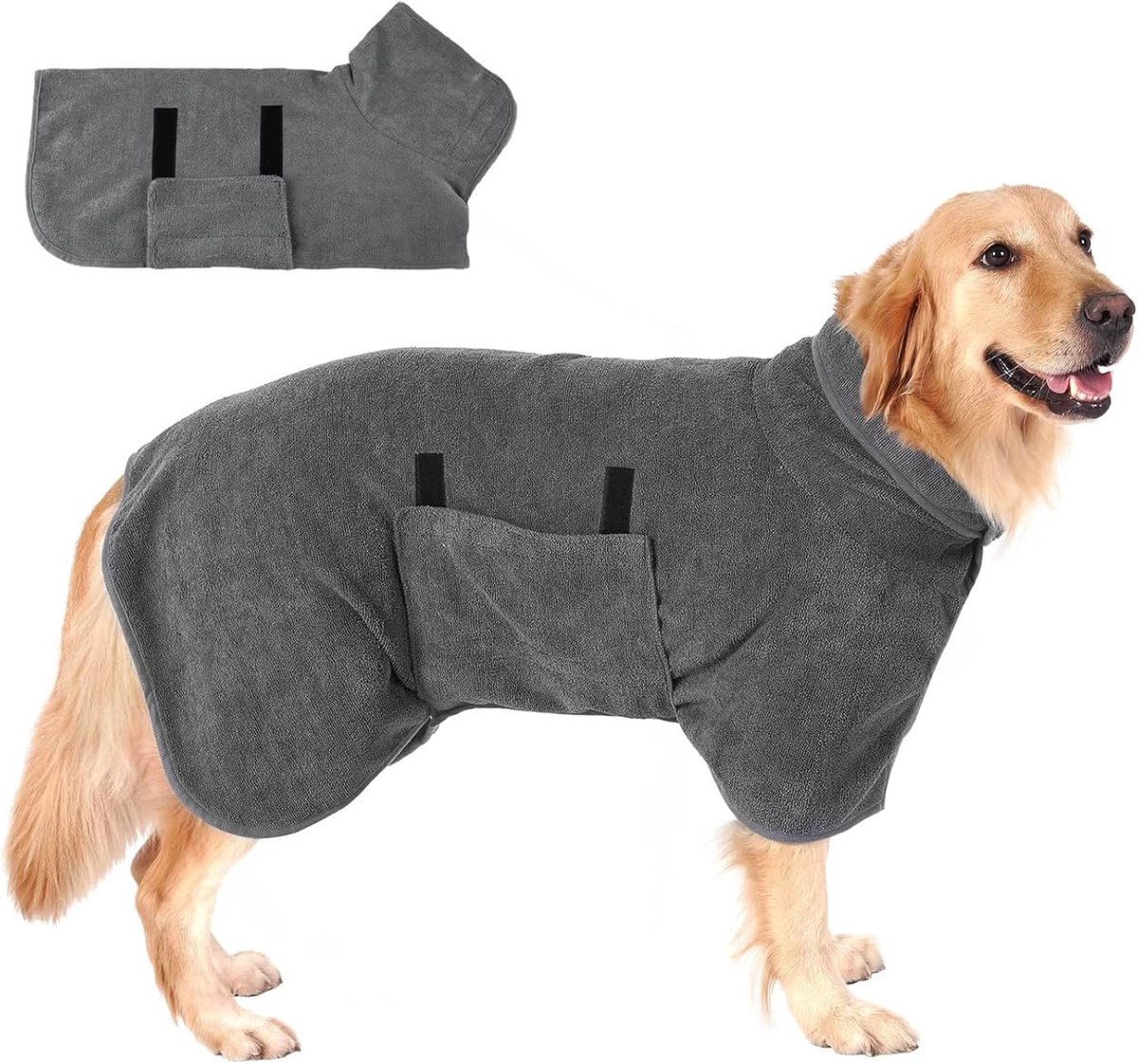 Dog bathrobe - Pet bath towel - Bathrobes for pets - Dog drying coat Bath towel - Dog towel - super absorbent dog towel - with Velcro - adjustable - for large, medium, small dogs - chest circumference 100 cm - grey - L - Image 1