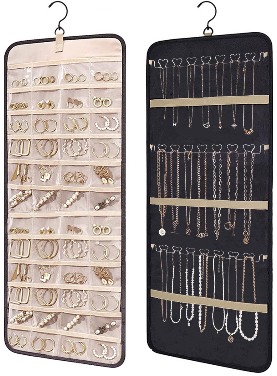 Jewelry organizer - 1 piece - Jewelry holder - Felt hanging bag - Earring organizer - Hanging jewelry organizer - Storage bag - Display rack - Double-sided necklace holder - Jewelry necklace organizer - with large zippered pockets and hooks - 84*36cm - bl - Image 1
