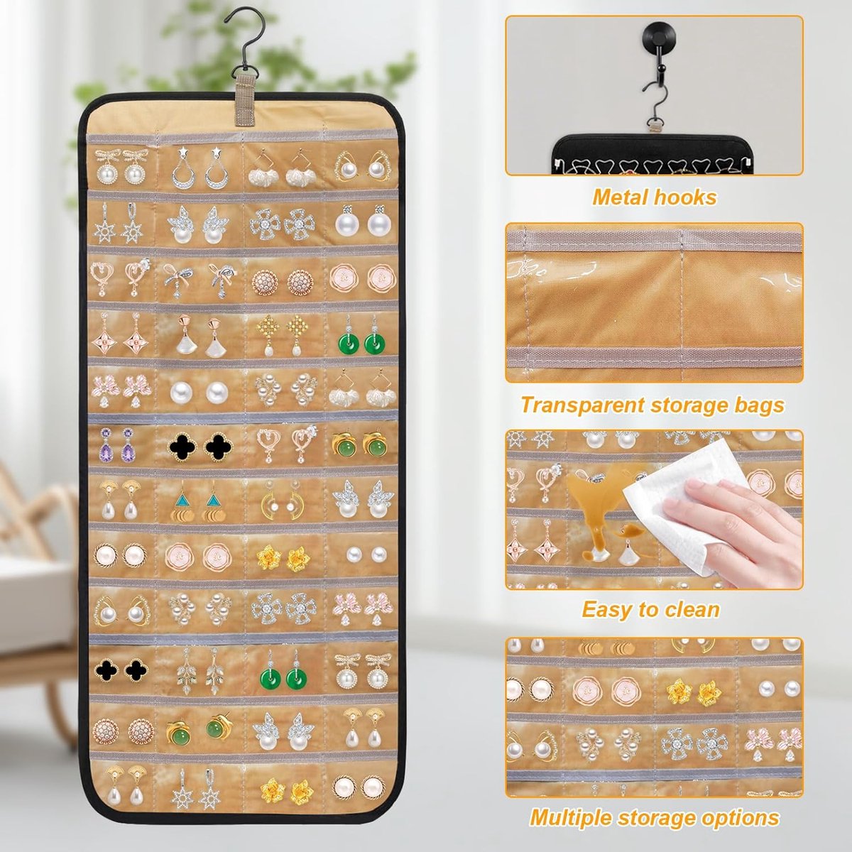 Jewelry organizer - 1 piece - Jewelry holder - Felt hanging bag - Earring organizer - Hanging jewelry organizer - Storage bag - Display rack - Double-sided necklace holder - Jewelry necklace organizer - with large zippered pockets and hooks - 84*36cm - bl - Image 2