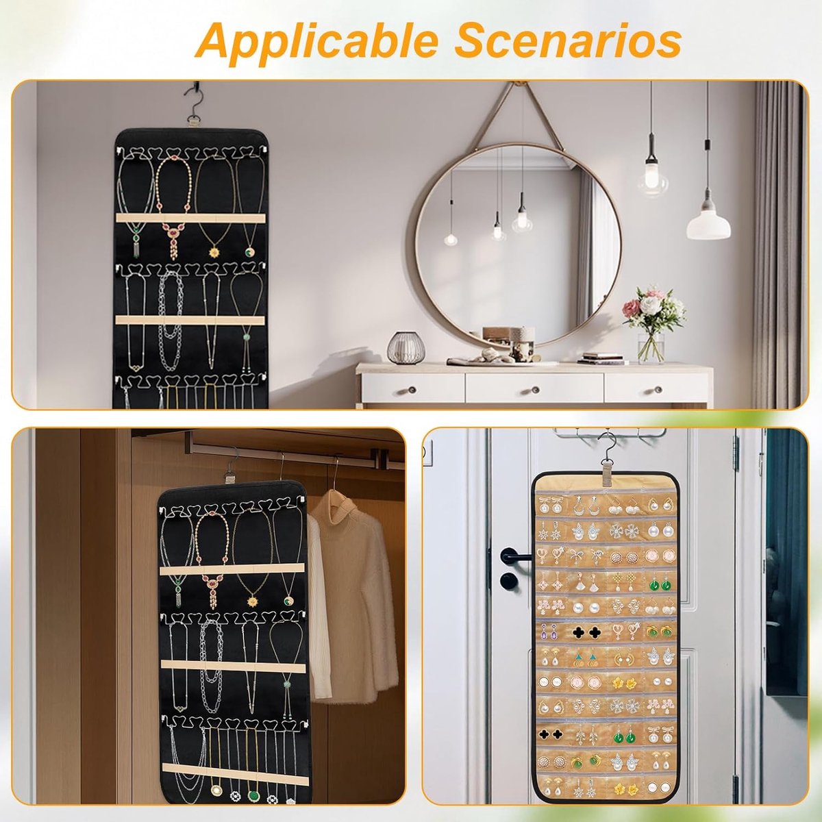 Jewelry organizer - 1 piece - Jewelry holder - Felt hanging bag - Earring organizer - Hanging jewelry organizer - Storage bag - Display rack - Double-sided necklace holder - Jewelry necklace organizer - with large zippered pockets and hooks - 84*36cm - bl - Image 3