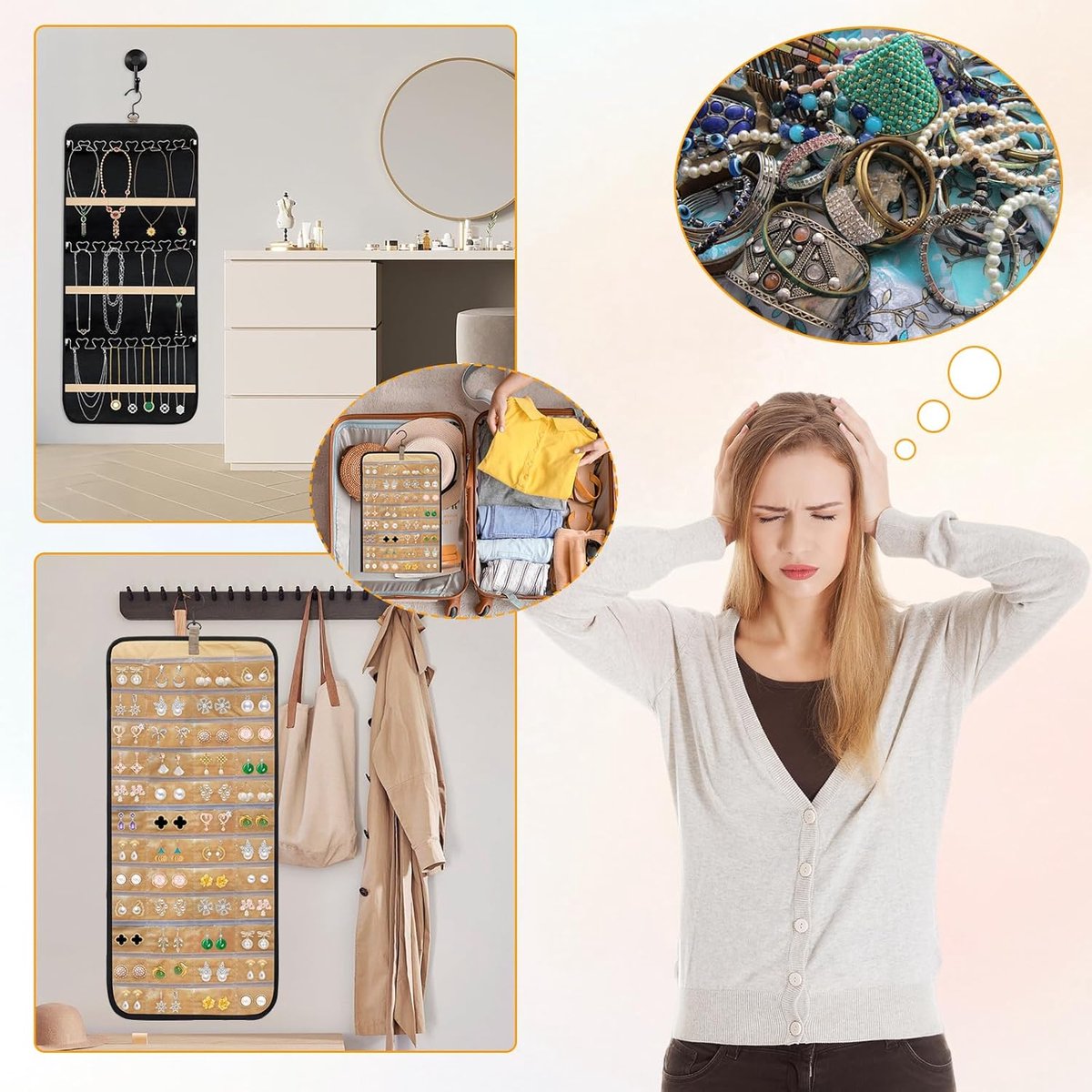 Jewelry organizer - 1 piece - Jewelry holder - Felt hanging bag - Earring organizer - Hanging jewelry organizer - Storage bag - Display rack - Double-sided necklace holder - Jewelry necklace organizer - with large zippered pockets and hooks - 84*36cm - bl - Image 4