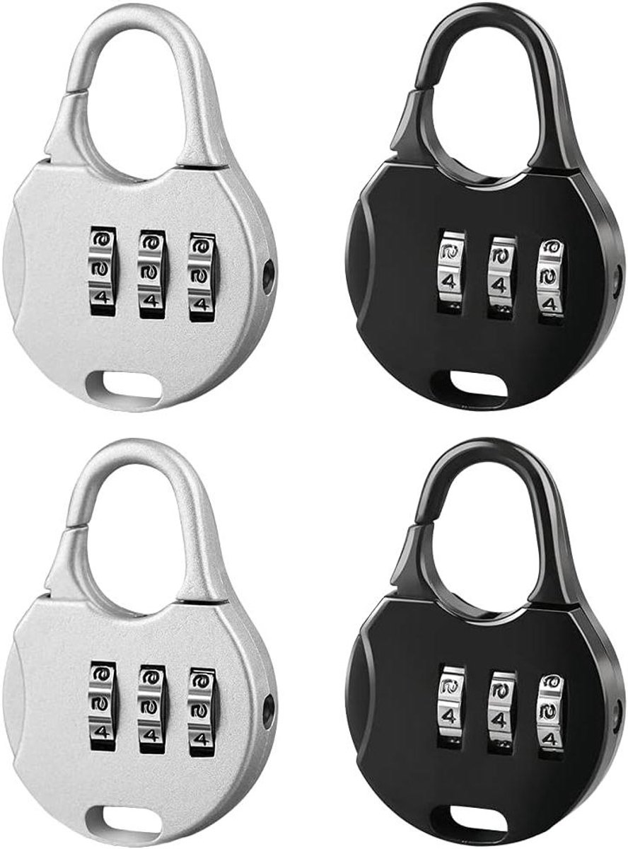 Allecto Plus - Mini Combination Lock for Suitcase Backpack Travel Bag - 3-Digit Padlock - 4 Pieces Black Silver - Adjustable - Jewelry Box Locks - Round - Image 1