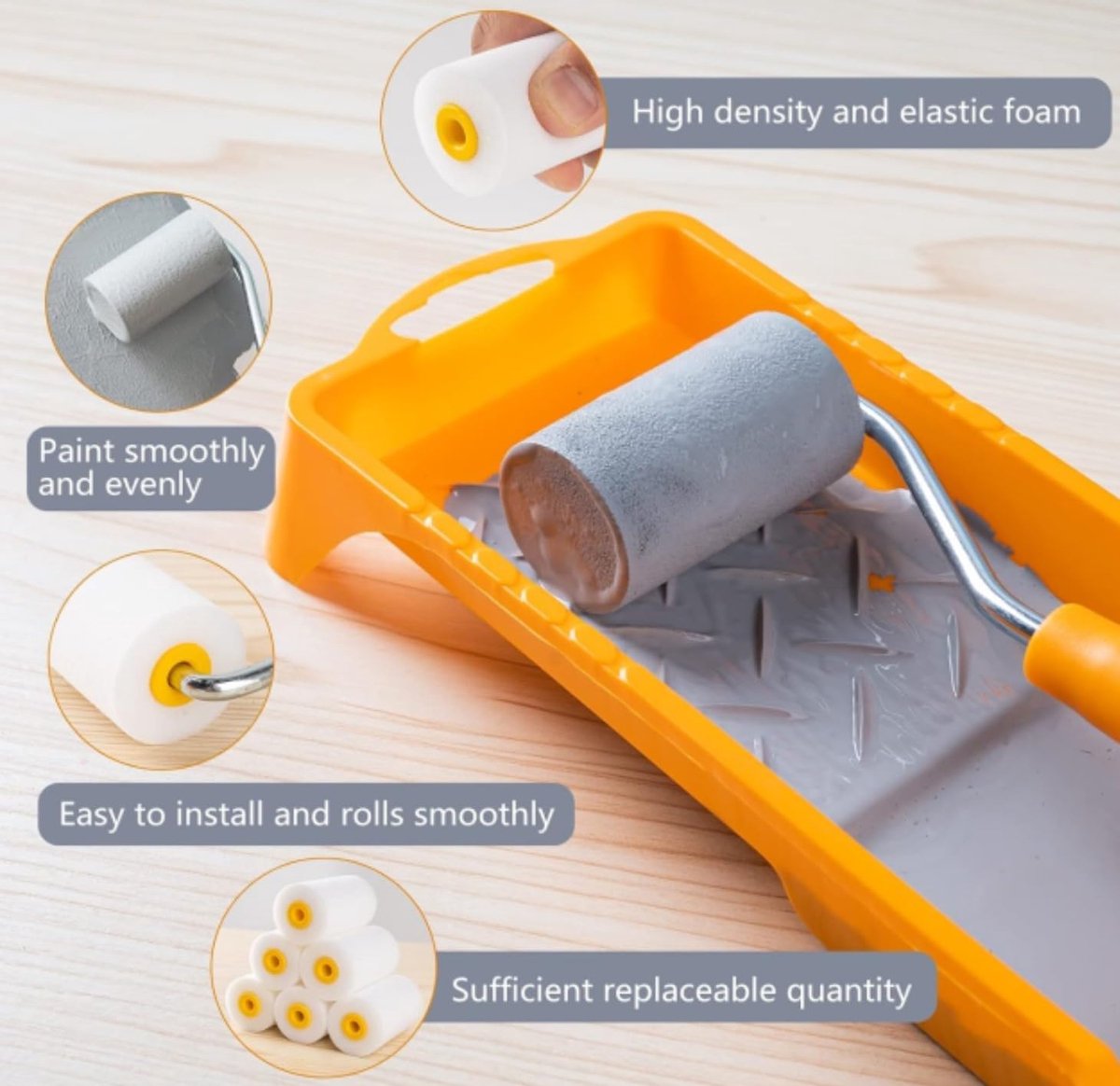 Mini paint roller set - Foam paint roller - with refills - high-density foam rollers *6, paint tray and roller handle - small sponge paint roller - for touch-ups and smooth finishes - 20*10*4 cm - yellow - Image 2