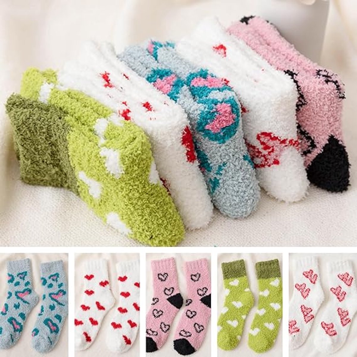 5 pairs - Warm Winter Socks - Plush Socks - House Socks - Non-slip Socks - Fluffy Socks - Fuzzy Slipper Socks - Sleep Socks - Coral Fleece Sleep Socks - Soft Bed Socks for Women - For Cold Nights - Cute Cat and Heart Pattern - Image 2