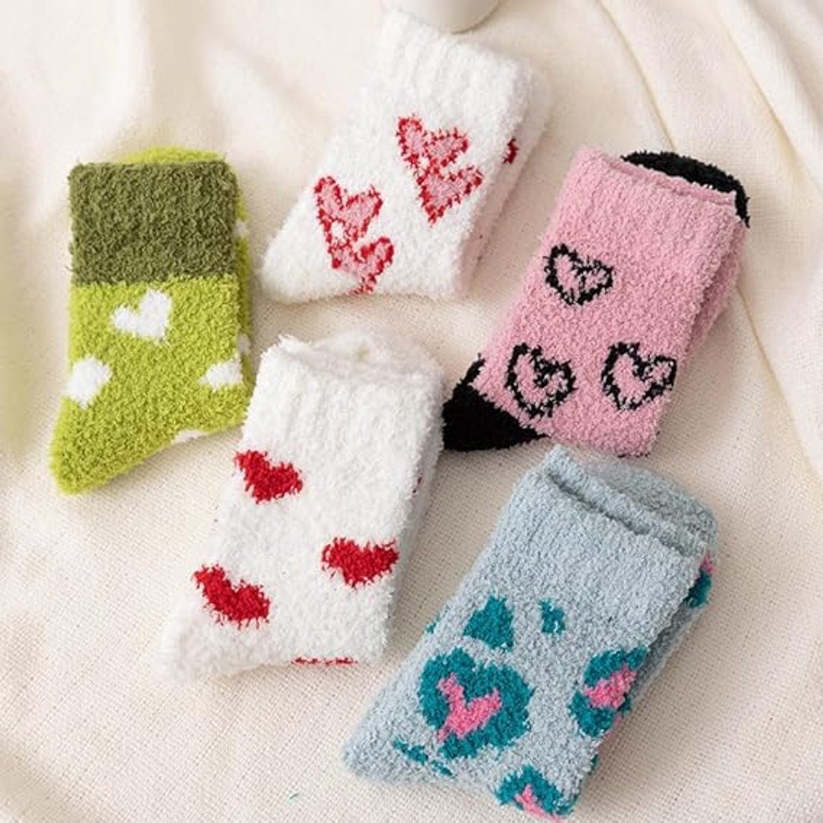 5 pairs - Warm Winter Socks - Plush Socks - House Socks - Non-slip Socks - Fluffy Socks - Fuzzy Slipper Socks - Sleep Socks - Coral Fleece Sleep Socks - Soft Bed Socks for Women - For Cold Nights - Cute Cat and Heart Pattern - Image 3