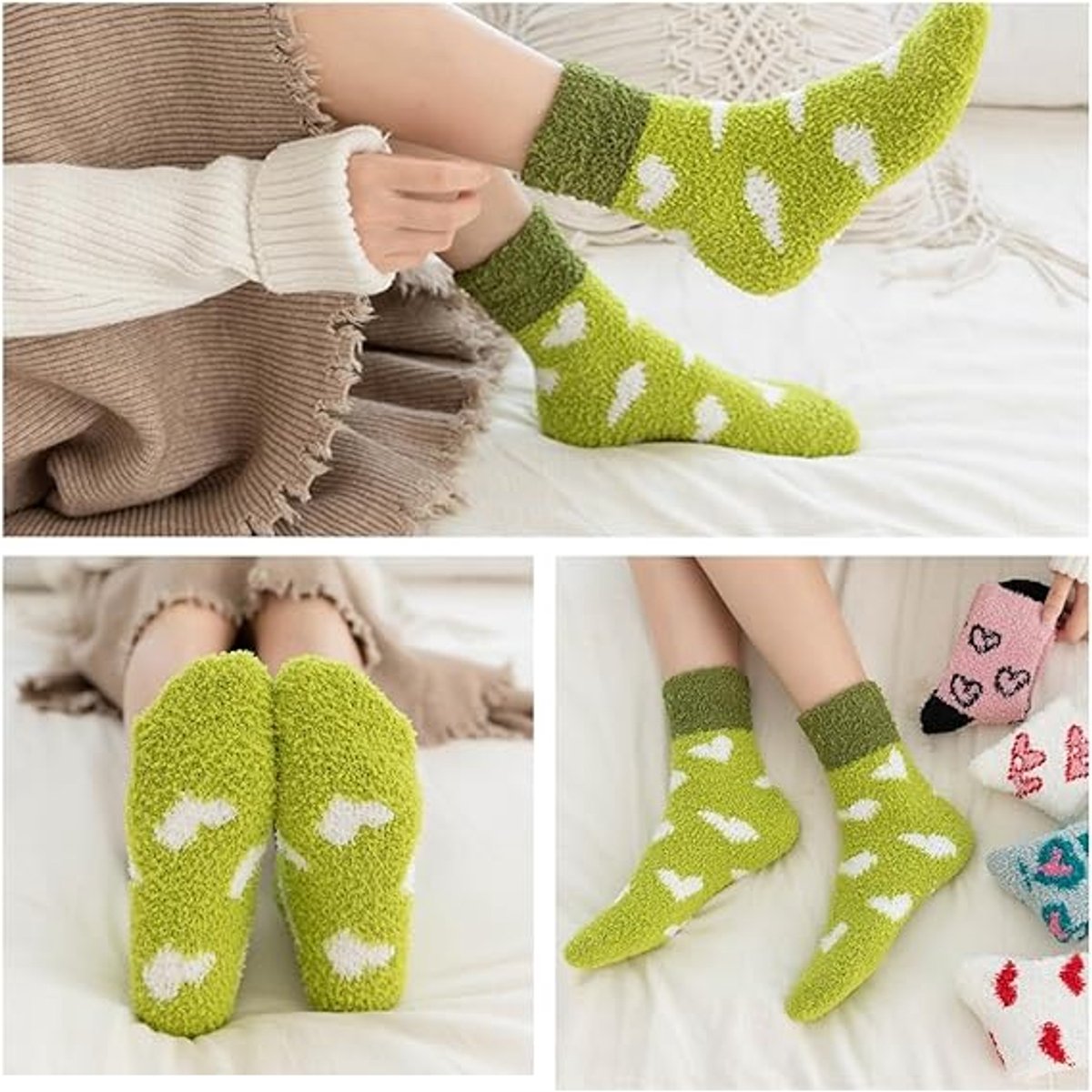 5 pairs - Warm Winter Socks - Plush Socks - House Socks - Non-slip Socks - Fluffy Socks - Fuzzy Slipper Socks - Sleep Socks - Coral Fleece Sleep Socks - Soft Bed Socks for Women - For Cold Nights - Cute Cat and Heart Pattern - Image 4