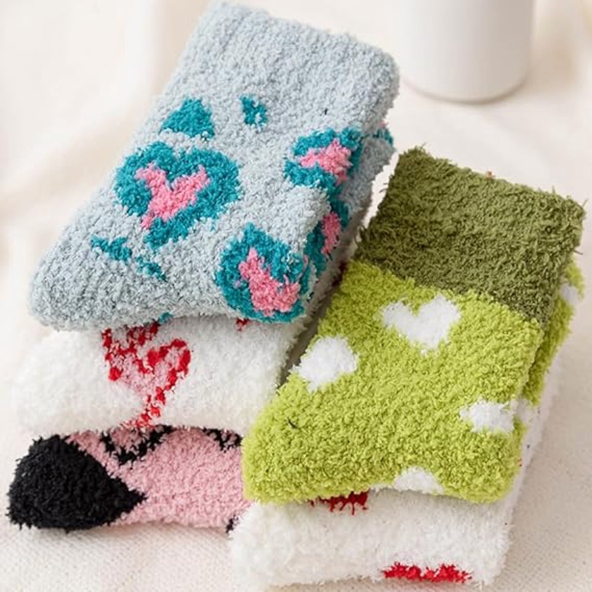 5 pairs - Warm Winter Socks - Plush Socks - House Socks - Non-slip Socks - Fluffy Socks - Fuzzy Slipper Socks - Sleep Socks - Coral Fleece Sleep Socks - Soft Bed Socks for Women - For Cold Nights - Cute Cat and Heart Pattern - Image 5