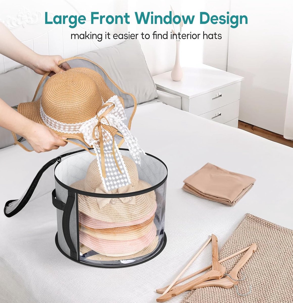 Hat Box - Hat Storage Box - Storage Box for Hats - Round Hat Boxes - Foldable Hat Storage Boxes - Stackable Hat Organizer - Baseball Cap Organizer - Hat Box - for up to 7 hats - perfect for your wardrobe - Grey - Image 3