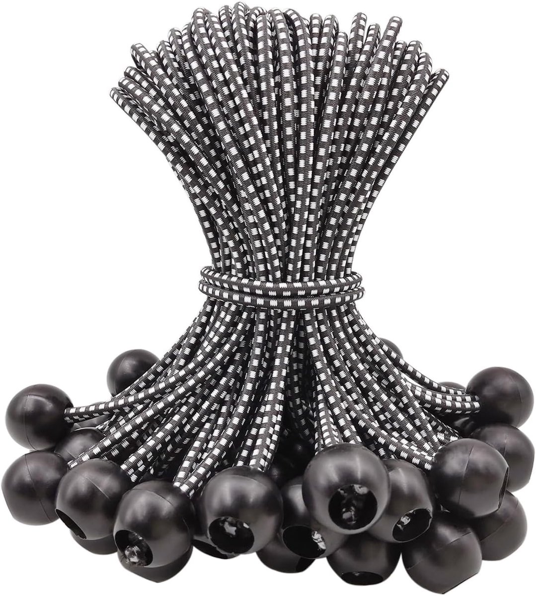 50 pieces - 6 inch - Elastic rope - Elastic cord - Tensioning elastic - tension cord - ball bungee cords - with balls - reusable - for golf nets, soccer goals, camping, tent poles, hose - black rope white spot - 150*22 mm - Image 1
