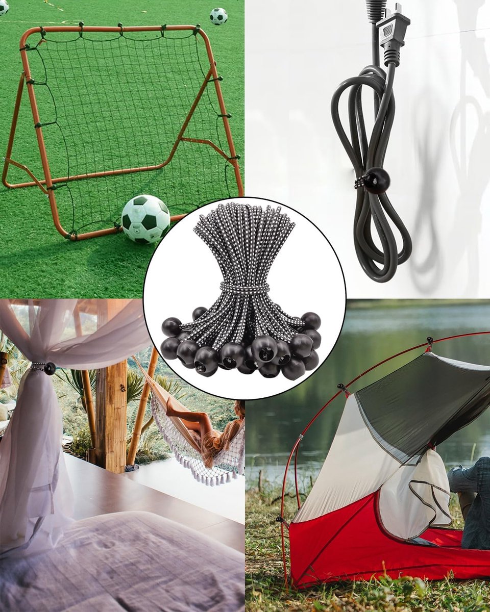 50 pieces - 6 inch - Elastic rope - Elastic cord - Tensioning elastic - tension cord - ball bungee cords - with balls - reusable - for golf nets, soccer goals, camping, tent poles, hose - black rope white spot - 150*22 mm - Image 2