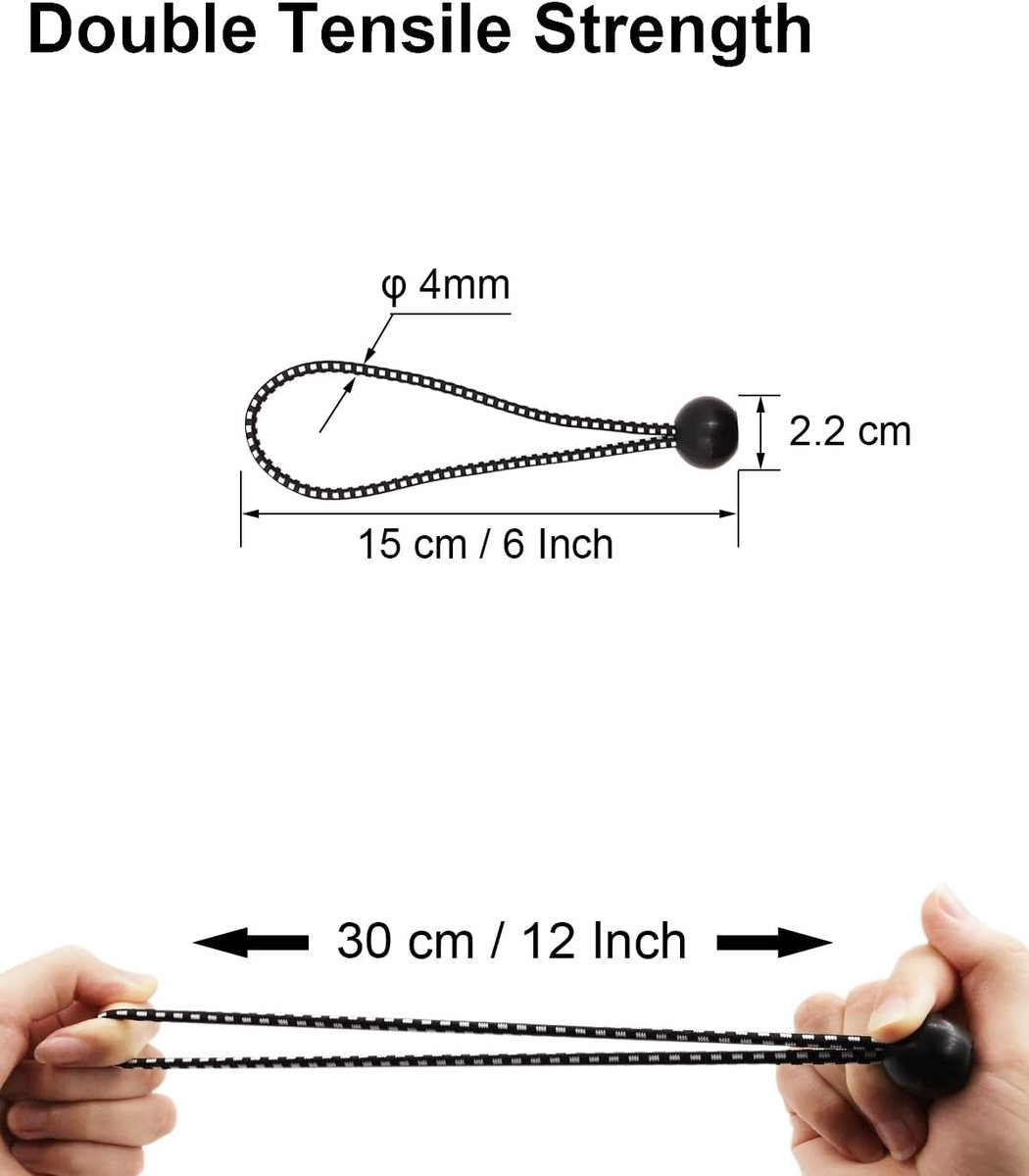 50 pieces - 6 inch - Elastic rope - Elastic cord - Tensioning elastic - tension cord - ball bungee cords - with balls - reusable - for golf nets, soccer goals, camping, tent poles, hose - black rope white spot - 150*22 mm - Image 5