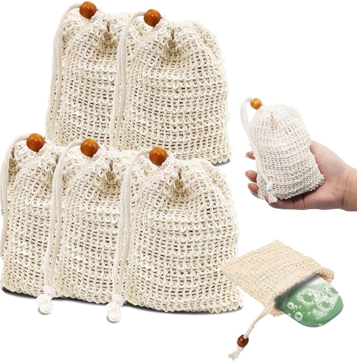 5 pieces - Soap bag - Drawstring bags Soap net - Sisal Soap bag - Soap Bar bag - Shampoo bar bag - Soap bar bag - scrub glove - foam soap bags - scrub bag - bathroom accessories - for home, bath massage, travel storage - 9*14cm - Image 1