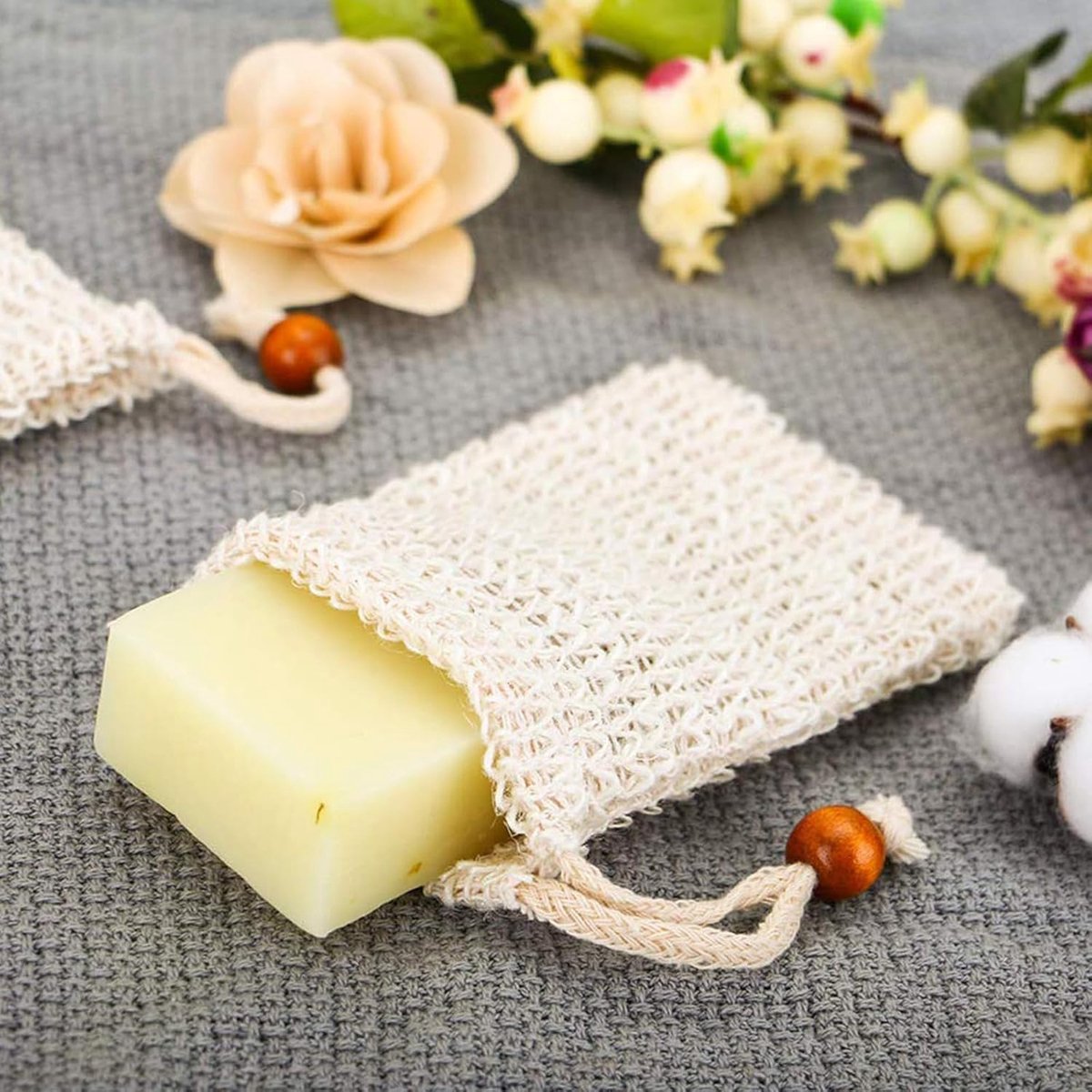5 pieces - Soap bag - Drawstring bags Soap net - Sisal Soap bag - Soap Bar bag - Shampoo bar bag - Soap bar bag - scrub glove - foam soap bags - scrub bag - bathroom accessories - for home, bath massage, travel storage - 9*14cm - Image 3