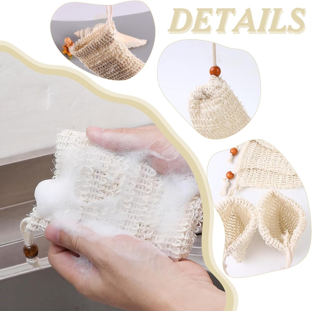 5 pieces - Soap bag - Drawstring bags Soap net - Sisal Soap bag - Soap Bar bag - Shampoo bar bag - Soap bar bag - scrub glove - foam soap bags - scrub bag - bathroom accessories - for home, bath massage, travel storage - 9*14cm - Image 5
