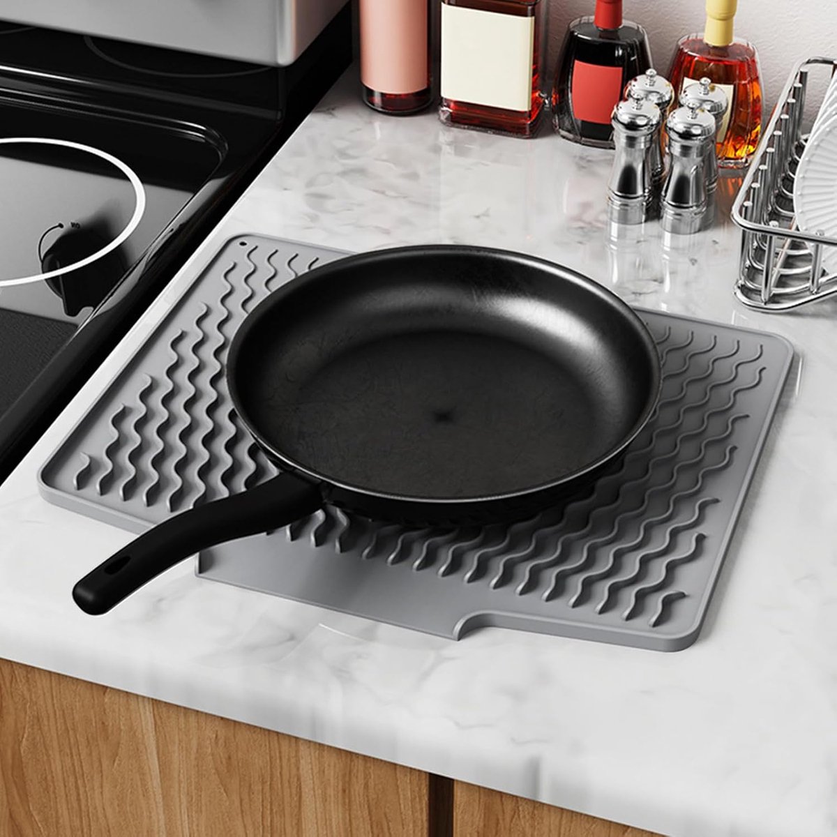 39*32 cm - Drain mat - Countertop drying mat - Foldable silicone drainer - kitchen drying mat - non-slip - silicone drainer - for the sink, for kitchen utensils, cups, fruit and vegetables - grey - Image 3