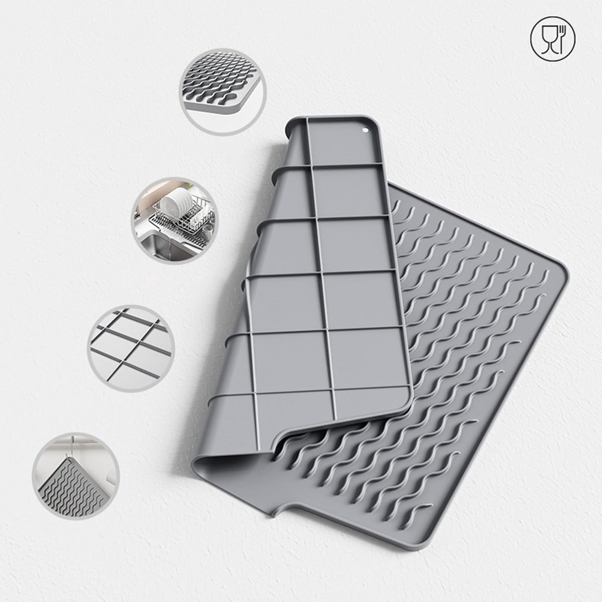39*32 cm - Drain mat - Countertop drying mat - Foldable silicone drainer - kitchen drying mat - non-slip - silicone drainer - for the sink, for kitchen utensils, cups, fruit and vegetables - grey - Image 4
