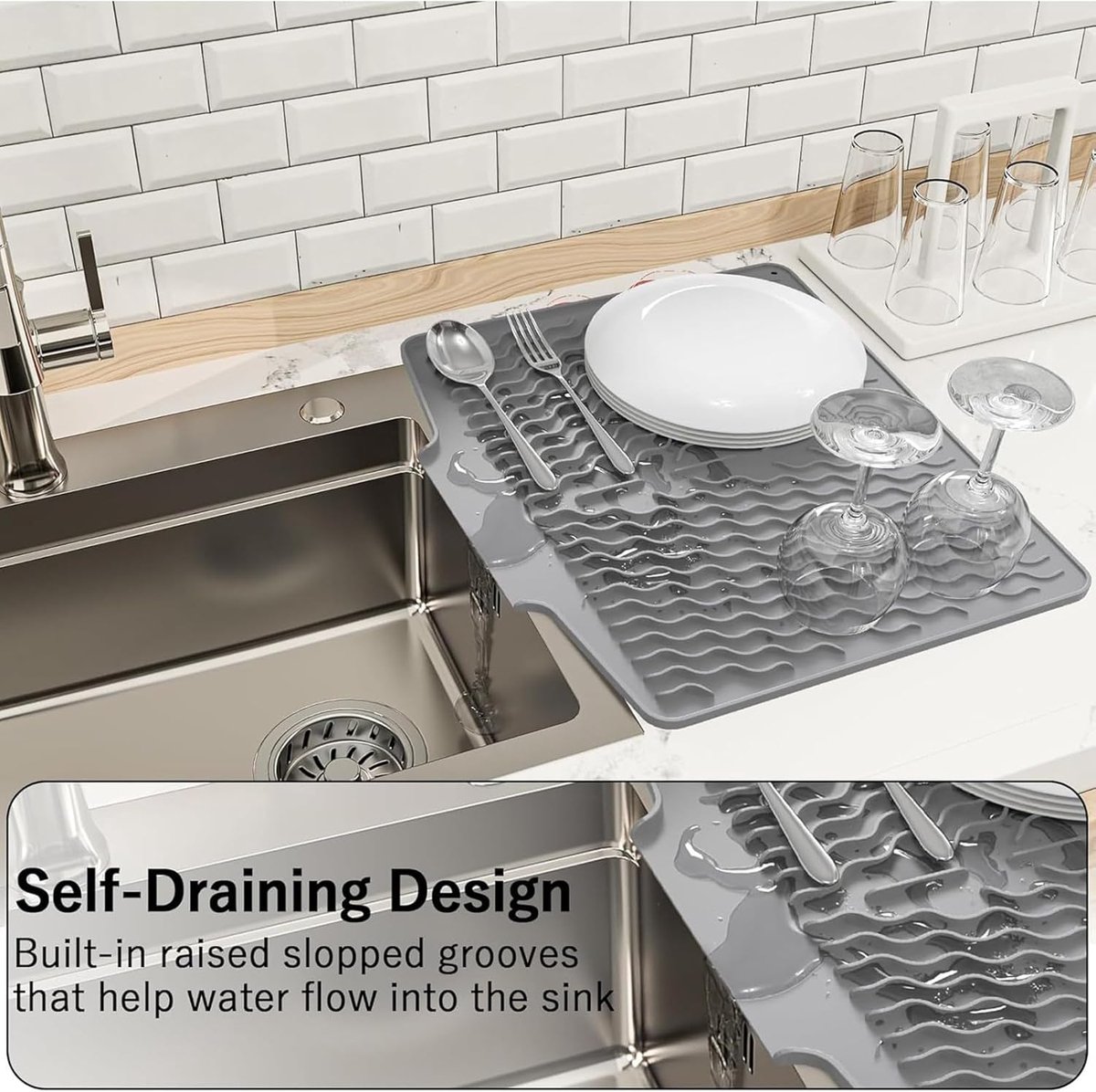 39*32 cm - Drain mat - Countertop drying mat - Foldable silicone drainer - kitchen drying mat - non-slip - silicone drainer - for the sink, for kitchen utensils, cups, fruit and vegetables - grey - Image 6