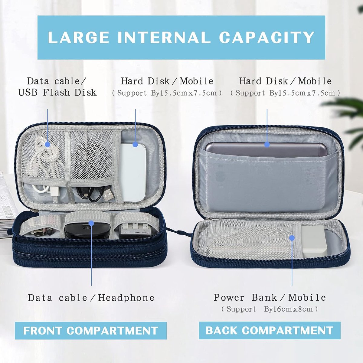 Cable Storage Bag - Travel Organizer Accessories - Waterproof/Wear-Resistant - Cable - Bag, Charger, Adapter, USB, Hard Drive - Compact Cable Bag - Cable Organizer - 19x11x5.5cm - Navy Blue - Image 3