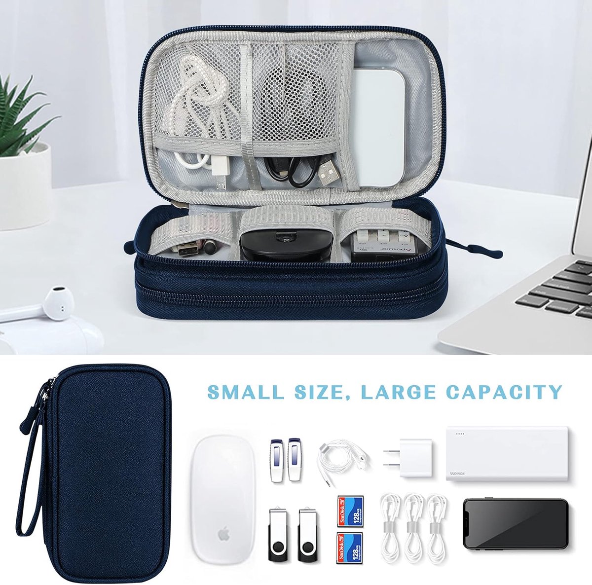 Cable Storage Bag - Travel Organizer Accessories - Waterproof/Wear-Resistant - Cable - Bag, Charger, Adapter, USB, Hard Drive - Compact Cable Bag - Cable Organizer - 19x11x5.5cm - Navy Blue - Image 4