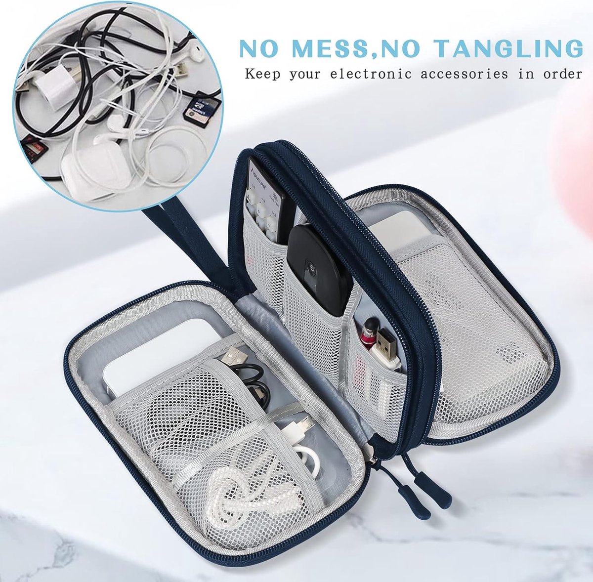 Cable Storage Bag - Travel Organizer Accessories - Waterproof/Wear-Resistant - Cable - Bag, Charger, Adapter, USB, Hard Drive - Compact Cable Bag - Cable Organizer - 19x11x5.5cm - Navy Blue - Image 5