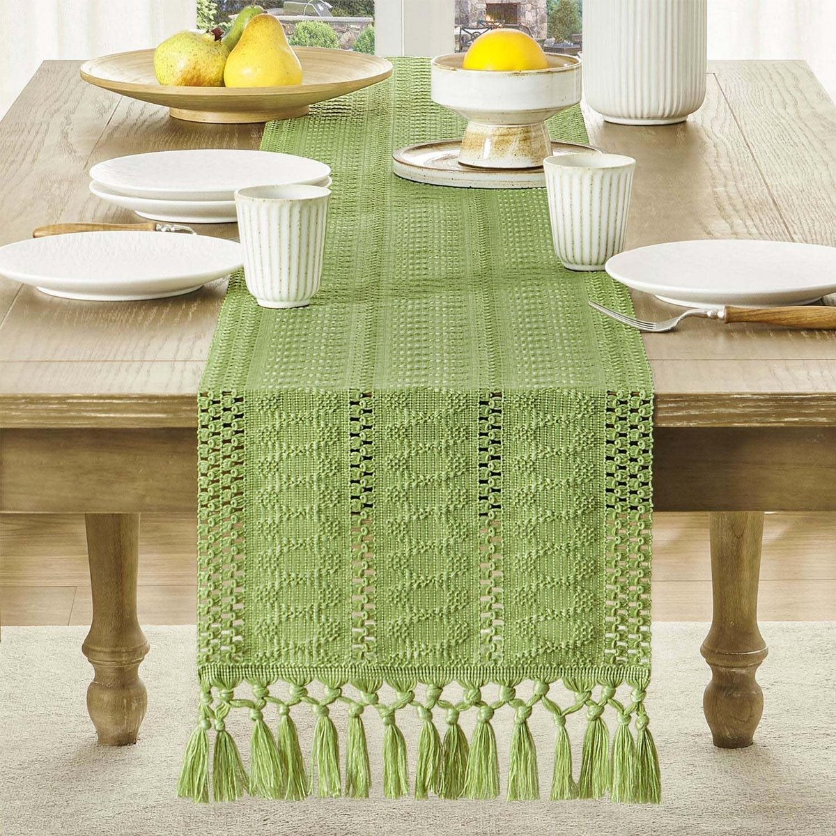 Table runner - tablecloth - Bohemian style table runner - pink table runner - with knotted tassel - farmhouse woven home decor - green - 30*240 cm - Image 1