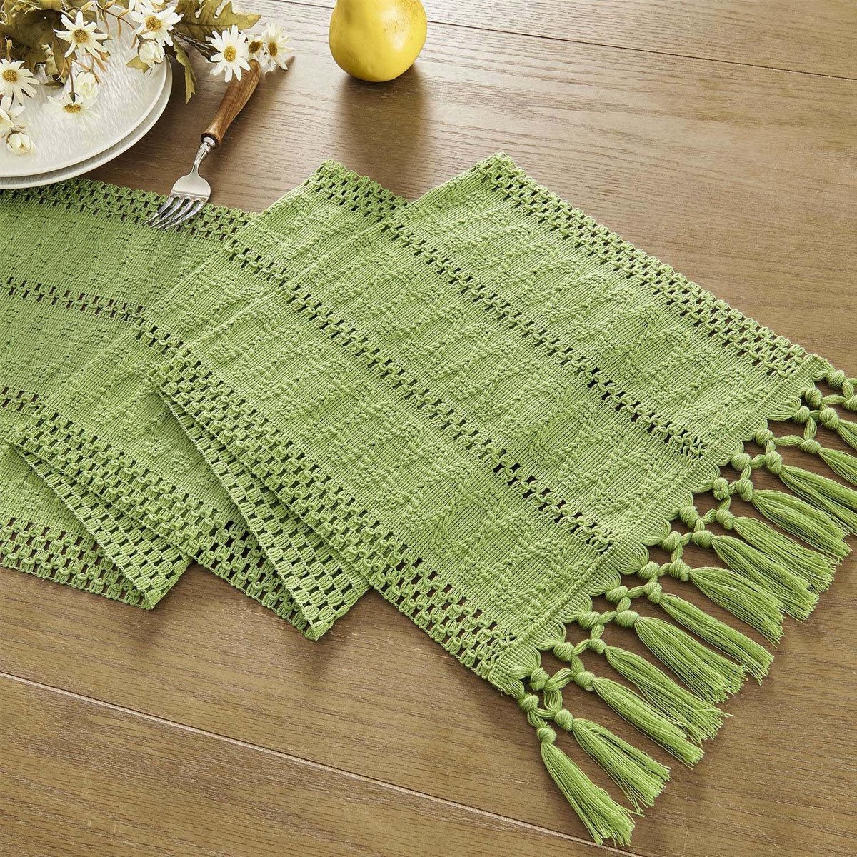 Table runner - tablecloth - Bohemian style table runner - pink table runner - with knotted tassel - farmhouse woven home decor - green - 30*240 cm - Image 3