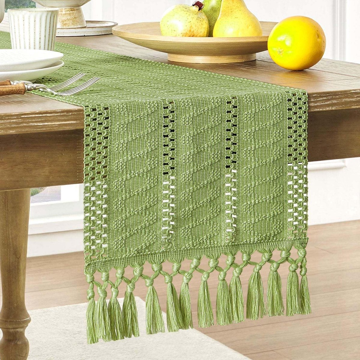 Table runner - tablecloth - Bohemian style table runner - pink table runner - with knotted tassel - farmhouse woven home decor - green - 30*240 cm - Image 6
