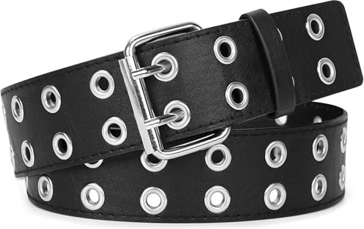Women's Belt - Waist Belt - Ladies Leather Belts - PU Leather Punk Belt - Dress Accessory - Fashion - 110*3.8cm - Black - Double Grommet Belt with Buckle - Image 1