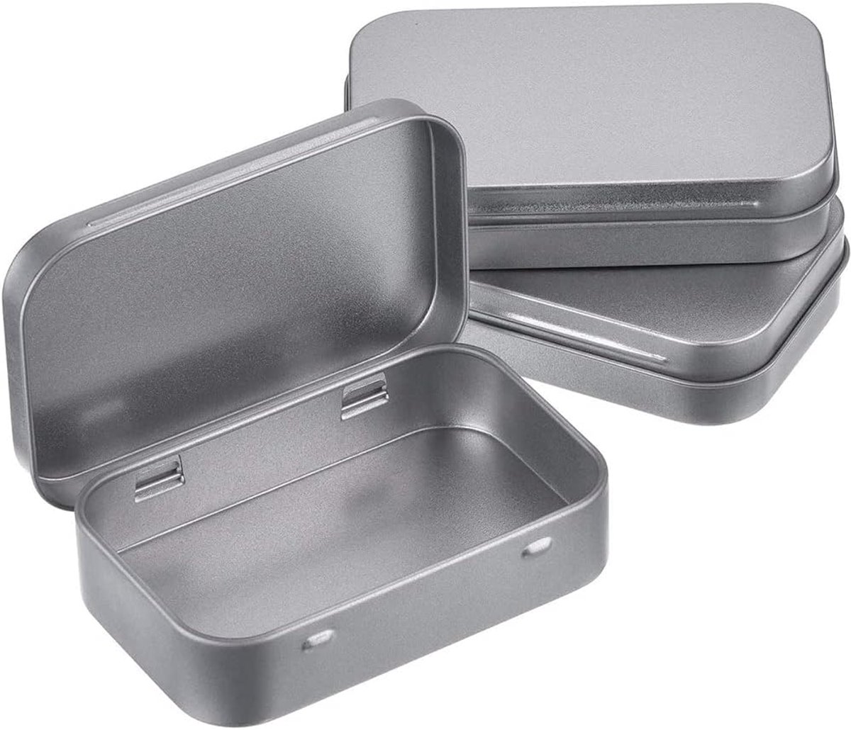 Mini Tin Cans - Pack of 3 - Storage Box - Metal - Hinged Tin Can - With Lid - Rectangular Tin Can - Mini Portable Box - Suitable for Home, Office, Outings and Travel - 95x60x20mm - Silver - Image 1