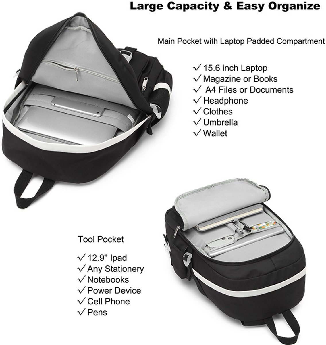 Backpack - School Bag - Backpack - Girl Backpack - School Backpack - School Bag - Laptop Backpack - 30 Liters - BlackA - Image 2